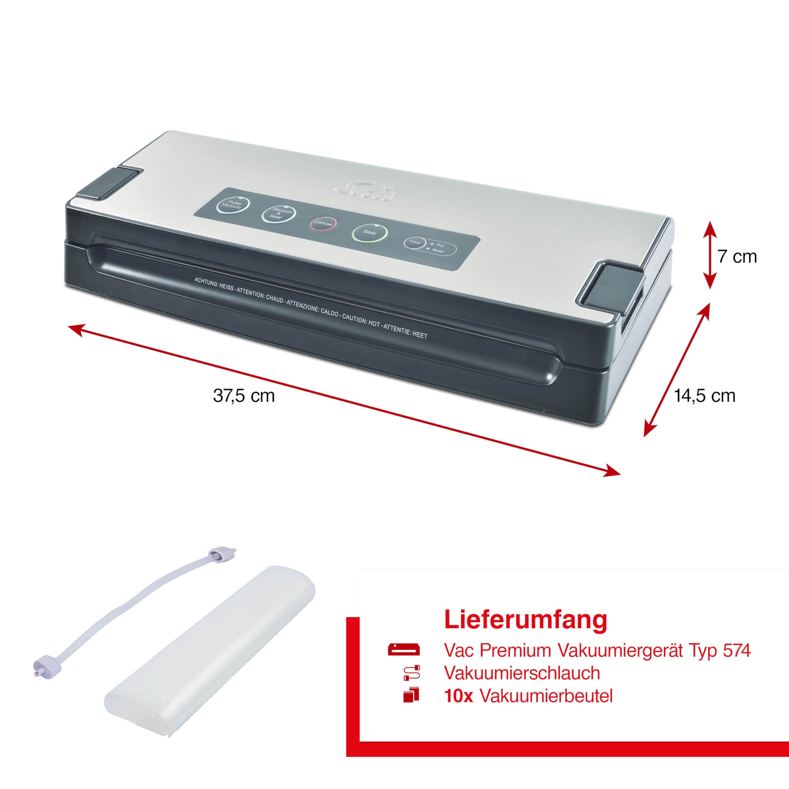 Solis Vakuumiergerät Vac Premium 574 - Einschweißgerät für Lebensmittel - Vakuumierer/Folienschweißgerät mit Pulse-Funktion | 8x länger frisch, Vollautomatisch, Pulse & Marinier-Funktion, Folienschneider, Inkl. Beutel & Rollen