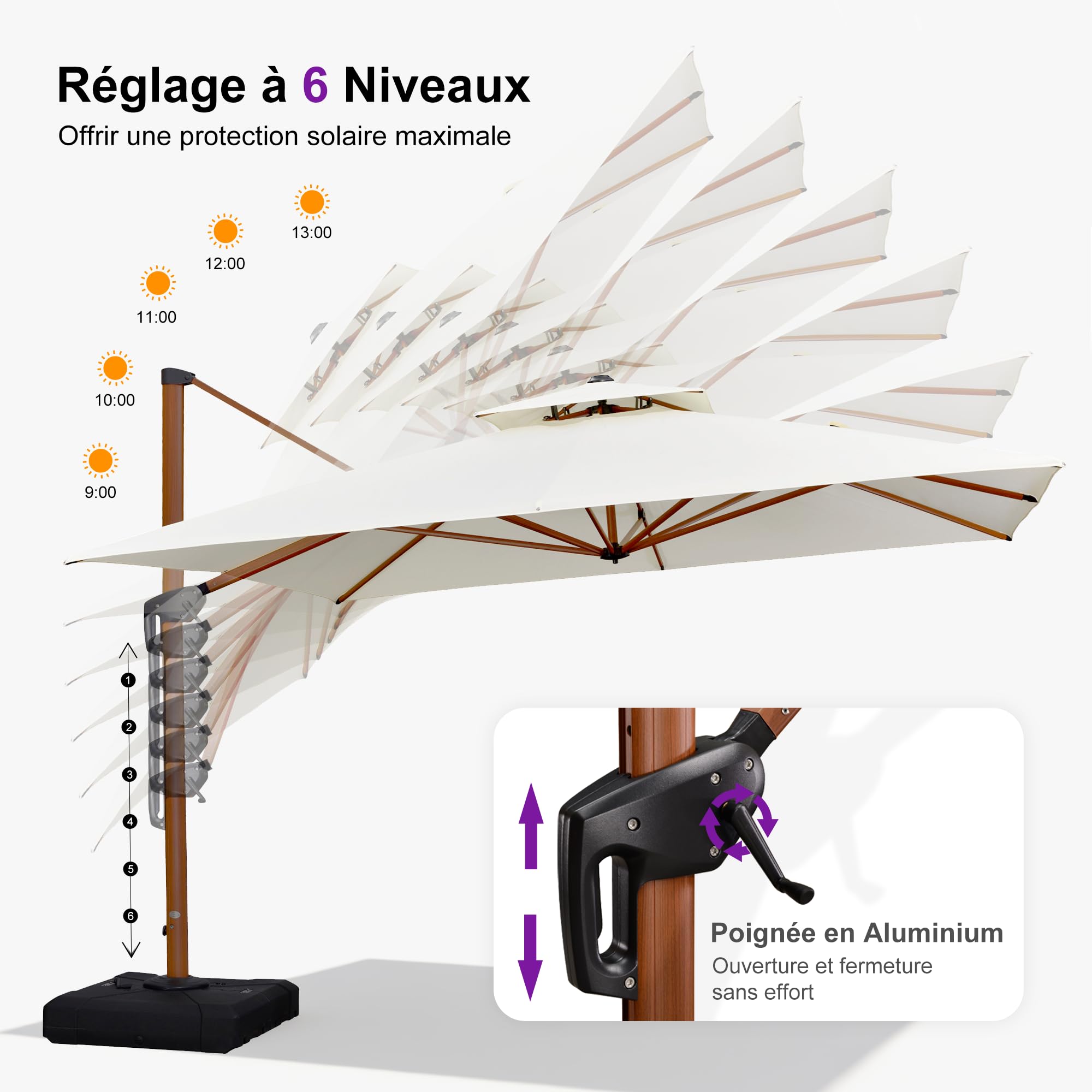 PURPLE LEAF Parasol Déporté 3 x 4 m avec Pied Aluminium Aspect Bois, Crème