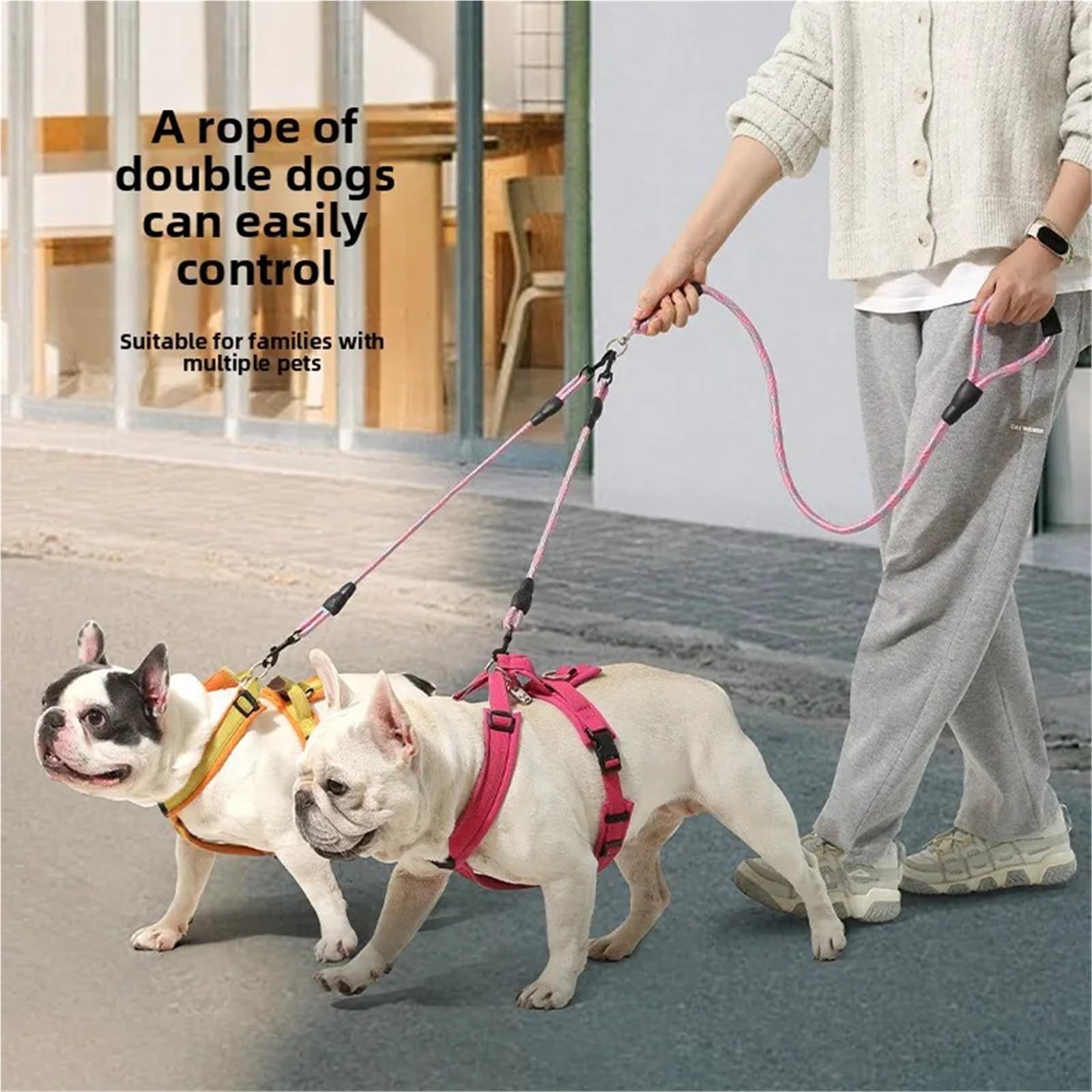 Guinzaglio per cani a doppia estremità, motivo ondulato, un trascinamento due, anti-avvolgimento, staccabile, per cani (rosa, 1,2 0,8 cm)