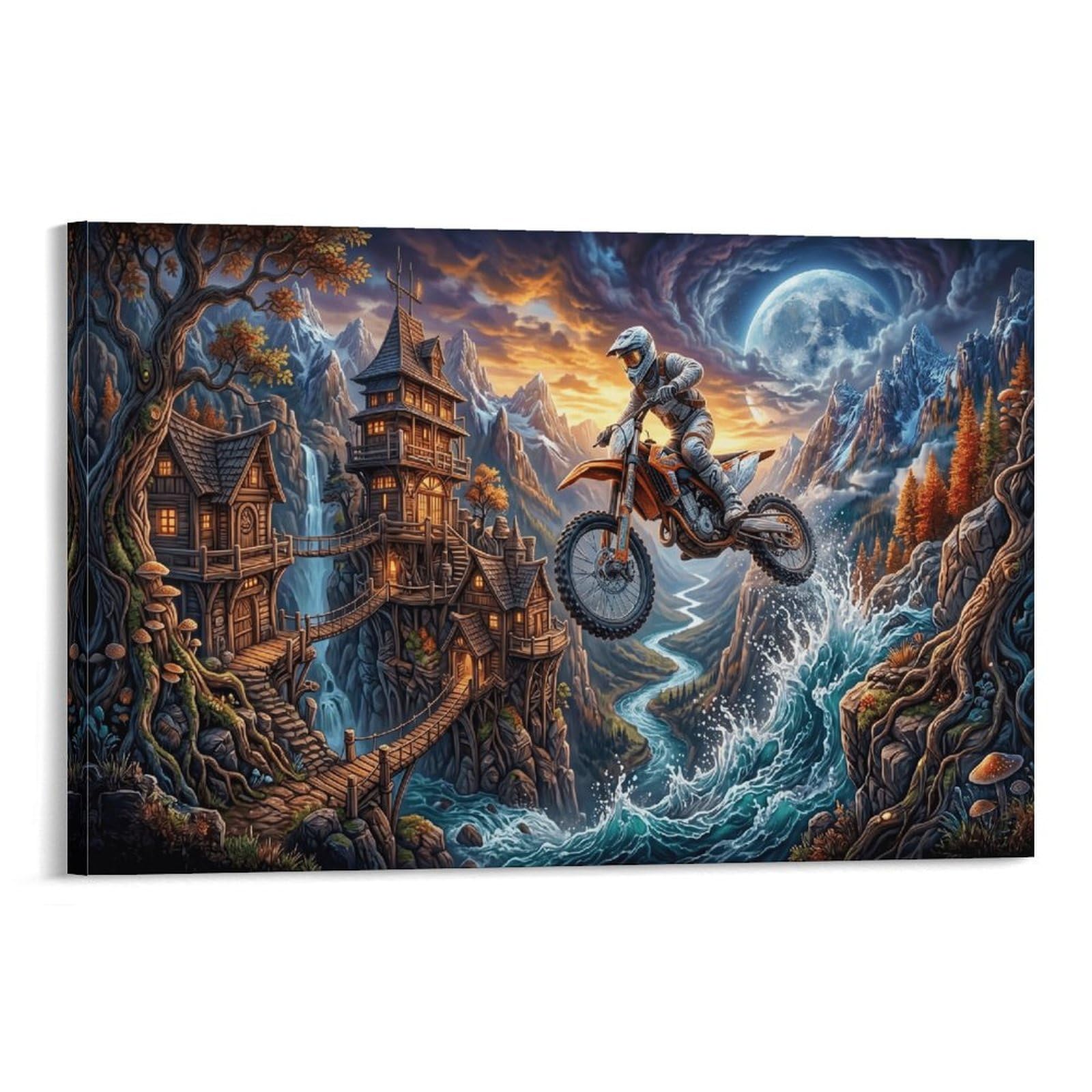 XPASHIQWC Motocross Rider Poster Artwork Moonlit Canyon Giclee Canvas Prints Modern Wall Art Picture Wall Hanging for Living Room Bedroom Home Decorations 20x30inch(50x75cm)