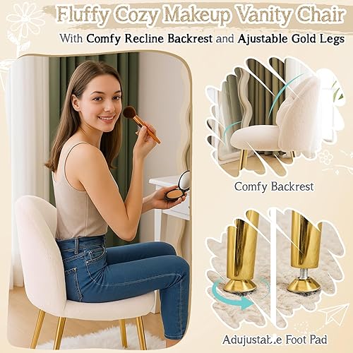 Miniatura 6 de VINGLI Boucle Silla de tocador para niñas con respaldo y almohada, bonita silla de escritorio pequeña y acogedora sin ruedas, cómoda maquillaje Ch