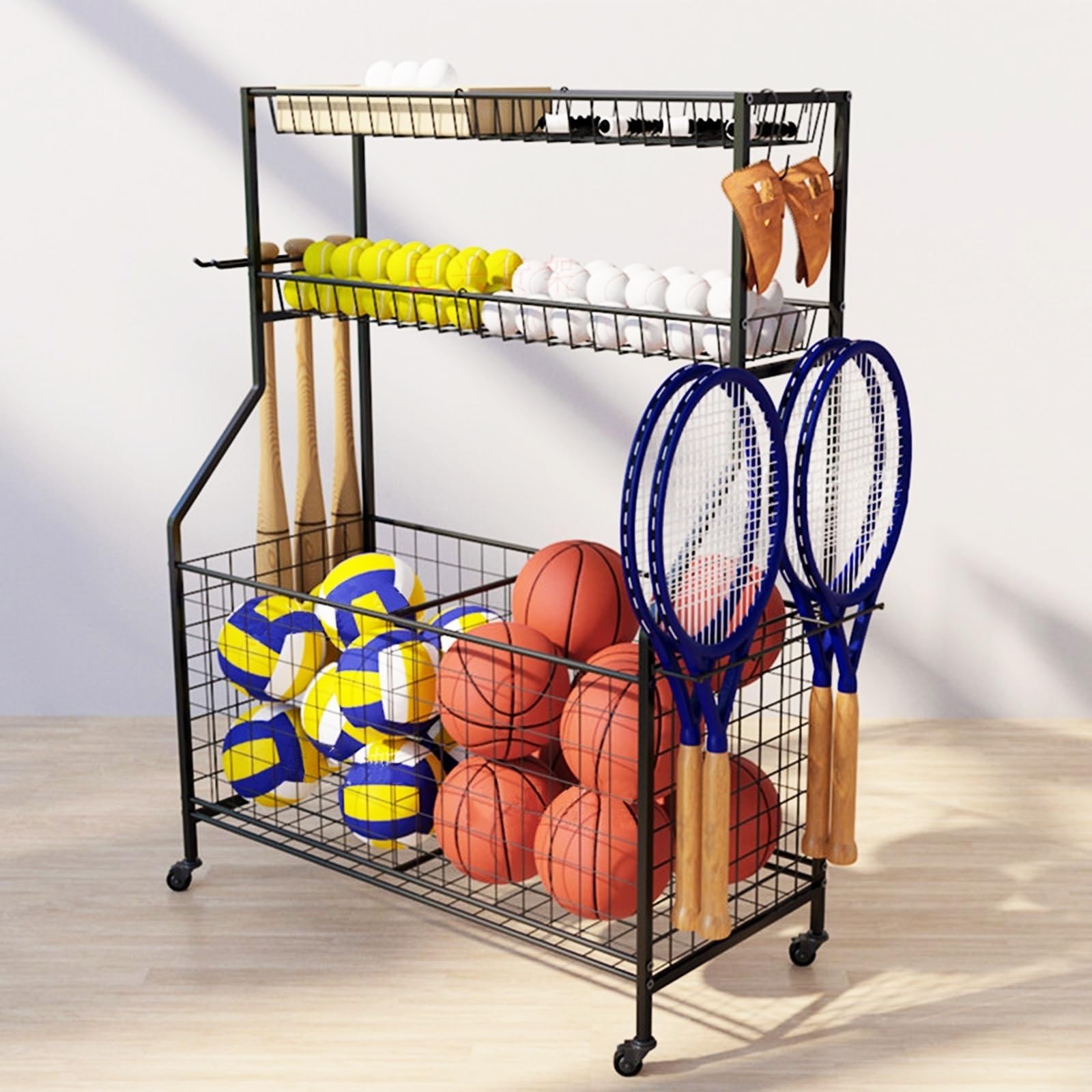 Portaballoni mobile con ruote, ideale per palestre scolastiche, allenamento sportivo e attrezzatura di squadra, design salvaspazio per una facile mobilità e nizzazione