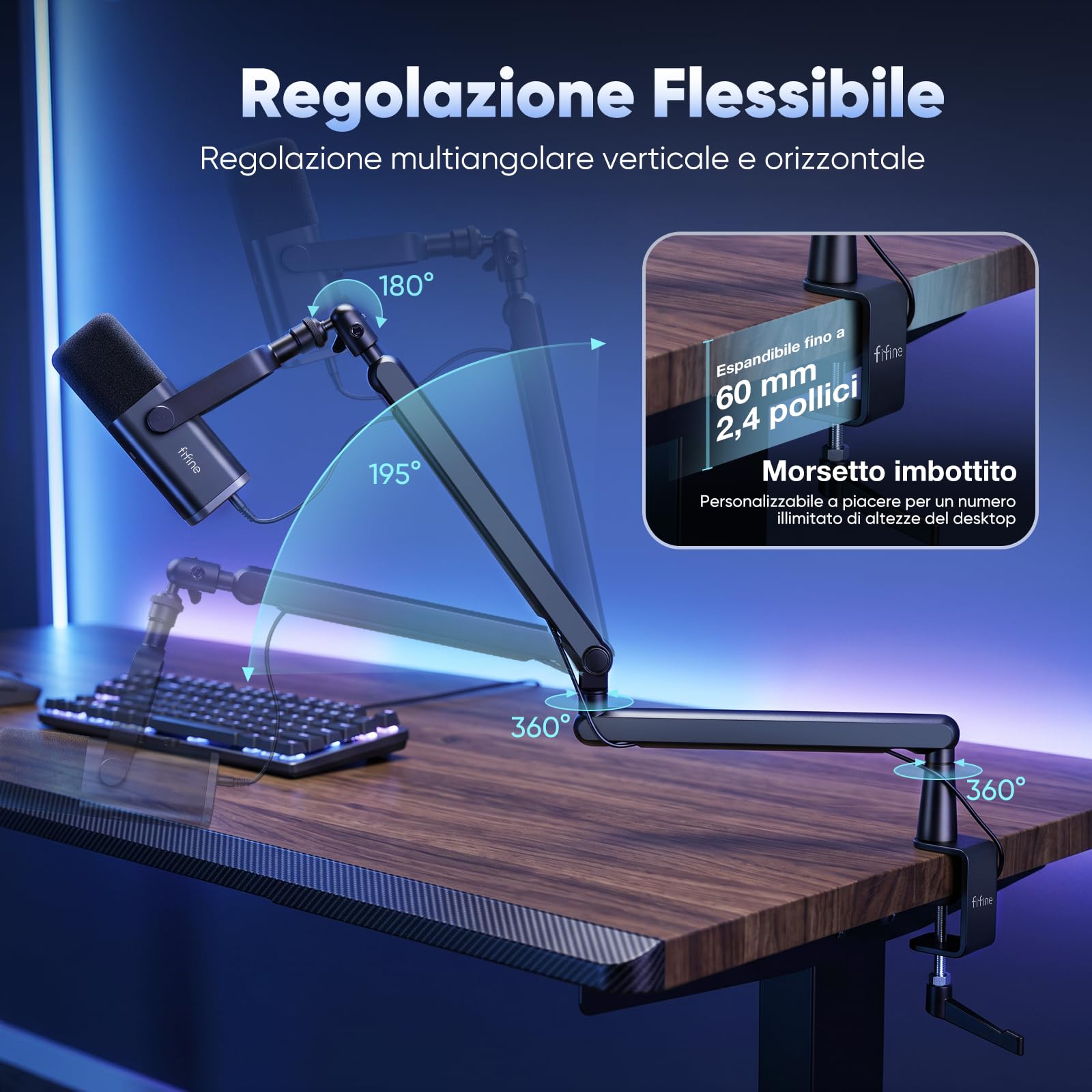FIFINE Supporto per Microfono, Braccio Microfono con Microphone Clip e adattatore, Adattatore a Vite, Gestione dei Cavi, Supporto Microfono Regolabile Braccio, Compatibile K658 K688 AM8 A8