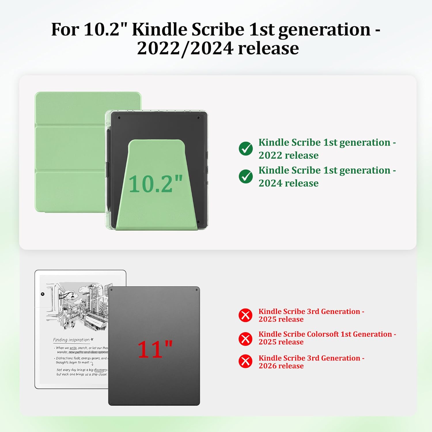 Magnetic Detachable 2-in-1 Trifold Stand Case for 10.2'' Kindle Scribe (2024/2022 Release) with Pen Holder, Slim PU Leather Case and Clear TPU Cover with Auto Wake/Sleep, Matcha Green