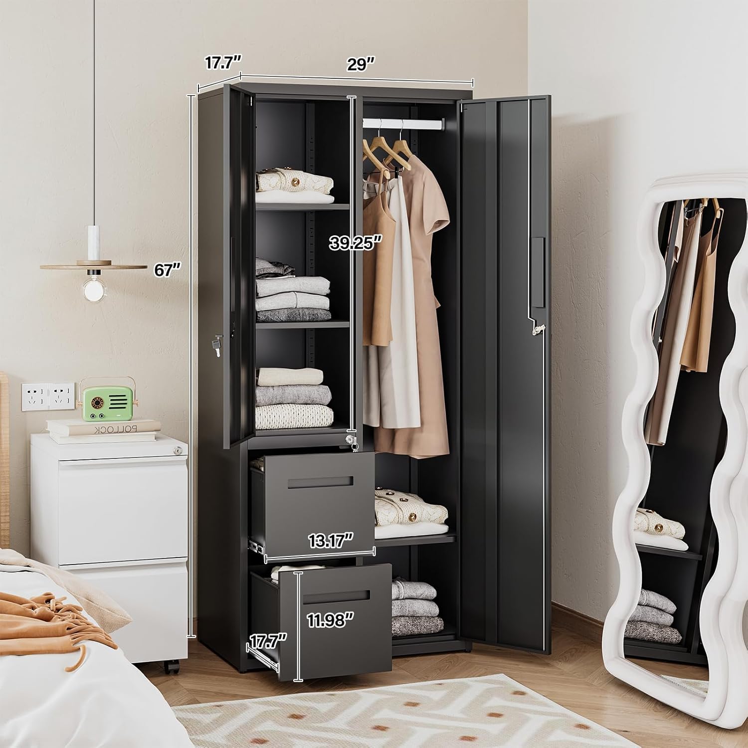 Metal Storage Cabinet with 2 Drawers and Doors in Black