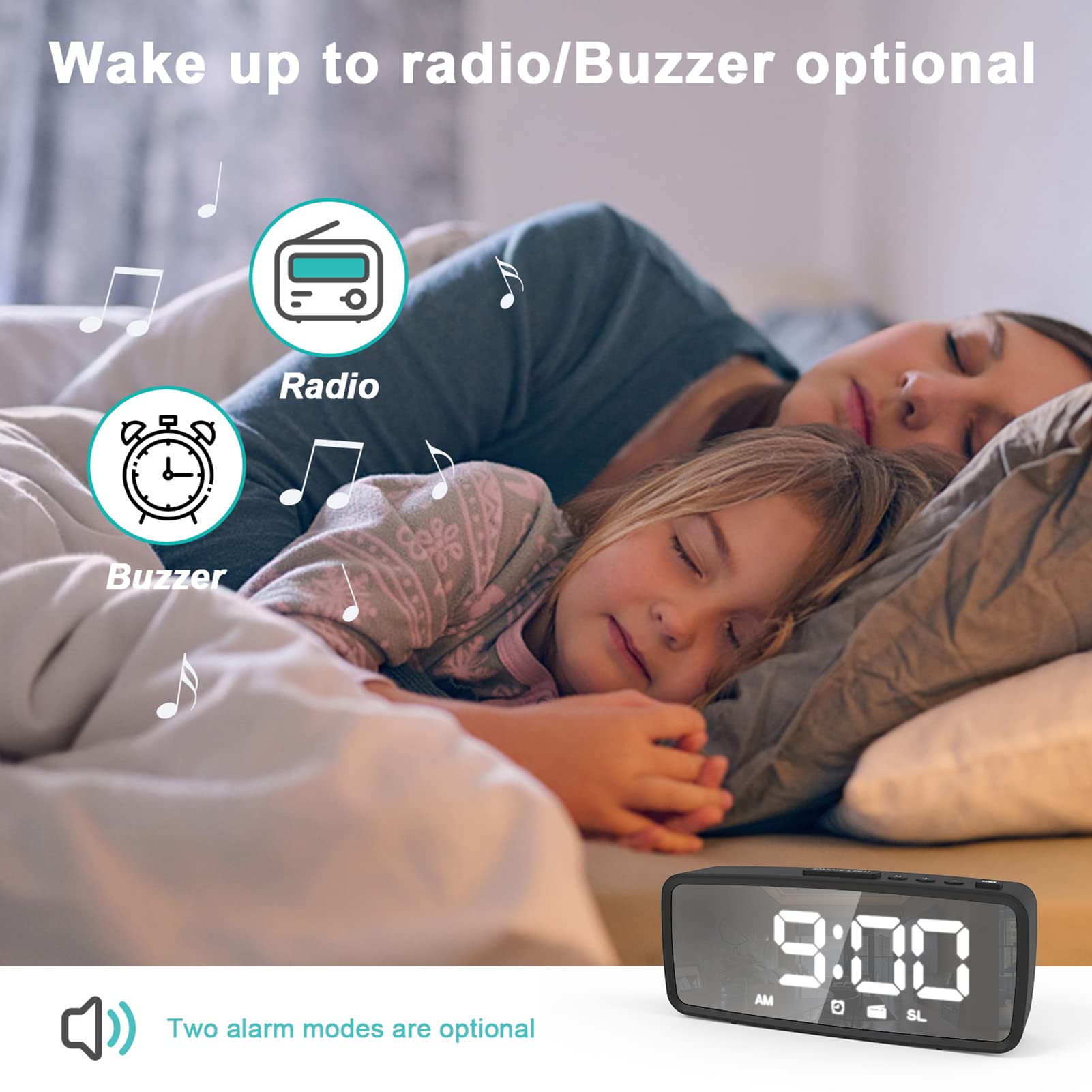Radio Reloj Despertador, Despertadores para Personas Que Duermen Mucho, Reloj para Dormitorio con Temporizador de Apagado, para Cabecera de Dormitorio