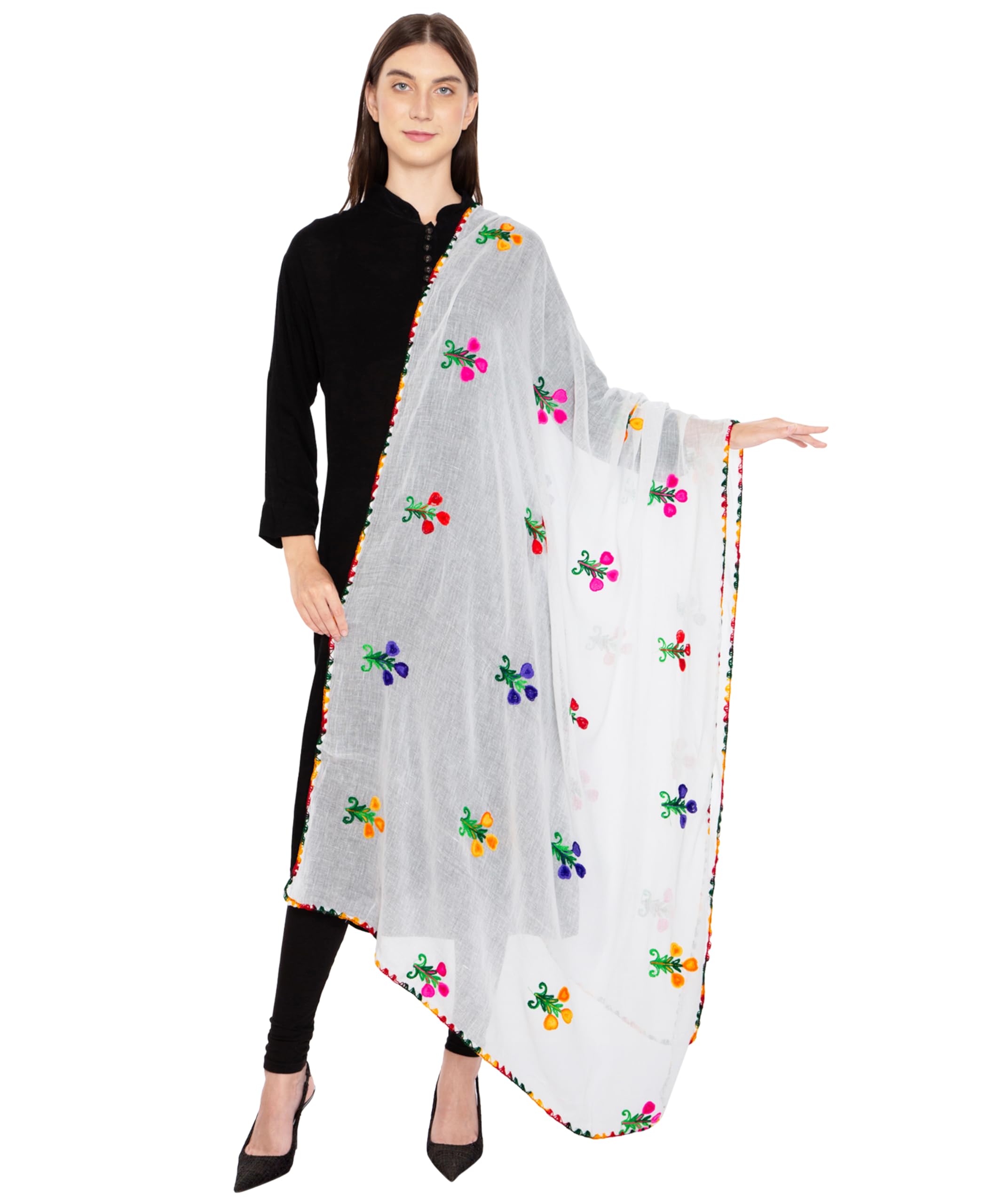 Zen Women's Pure Cotton Heavy Embroidered Premium White Dupatta With Lace Borders (CA-103)-image-28