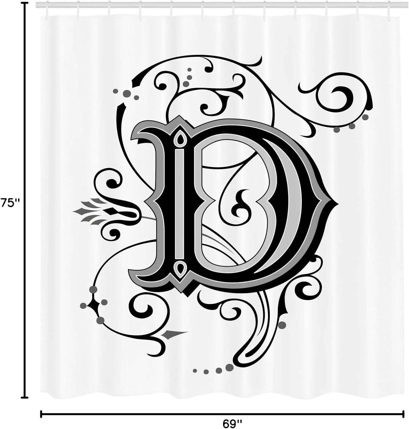 Ambesonne Letter D Shower Curtain, Initial Letter from Medieval Scrolls Capital D Symbol Medieval Design Print, Fabric Bathroom Decor Set with Hooks, 69" W x 75" L, Black Grey White