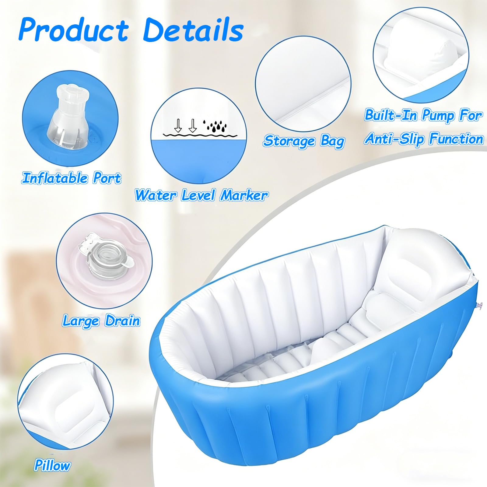 BañEra Inflable,PortáTil De Viaje para BebéS Y NiñOs PequeñOs,con Bomba Aire,Un Imprescindible El BañO,DiseñO Plegable Un FáCil Almacenamiento, ReciéN Nacidos hasta(64 * 98 * 28cm,Blue)
