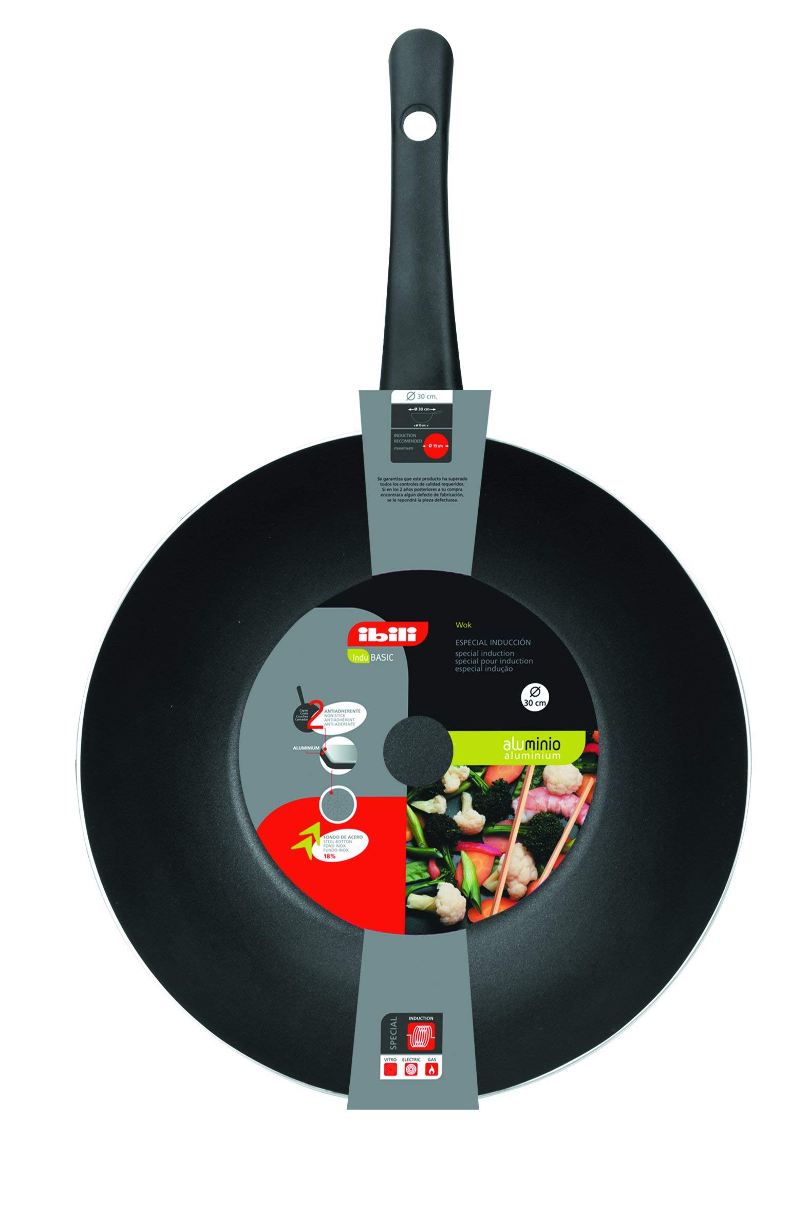Ibili Black Indubasic Wok, 30 Cm, Aluminium, Non-Stick, Suitable For Induction Hobs