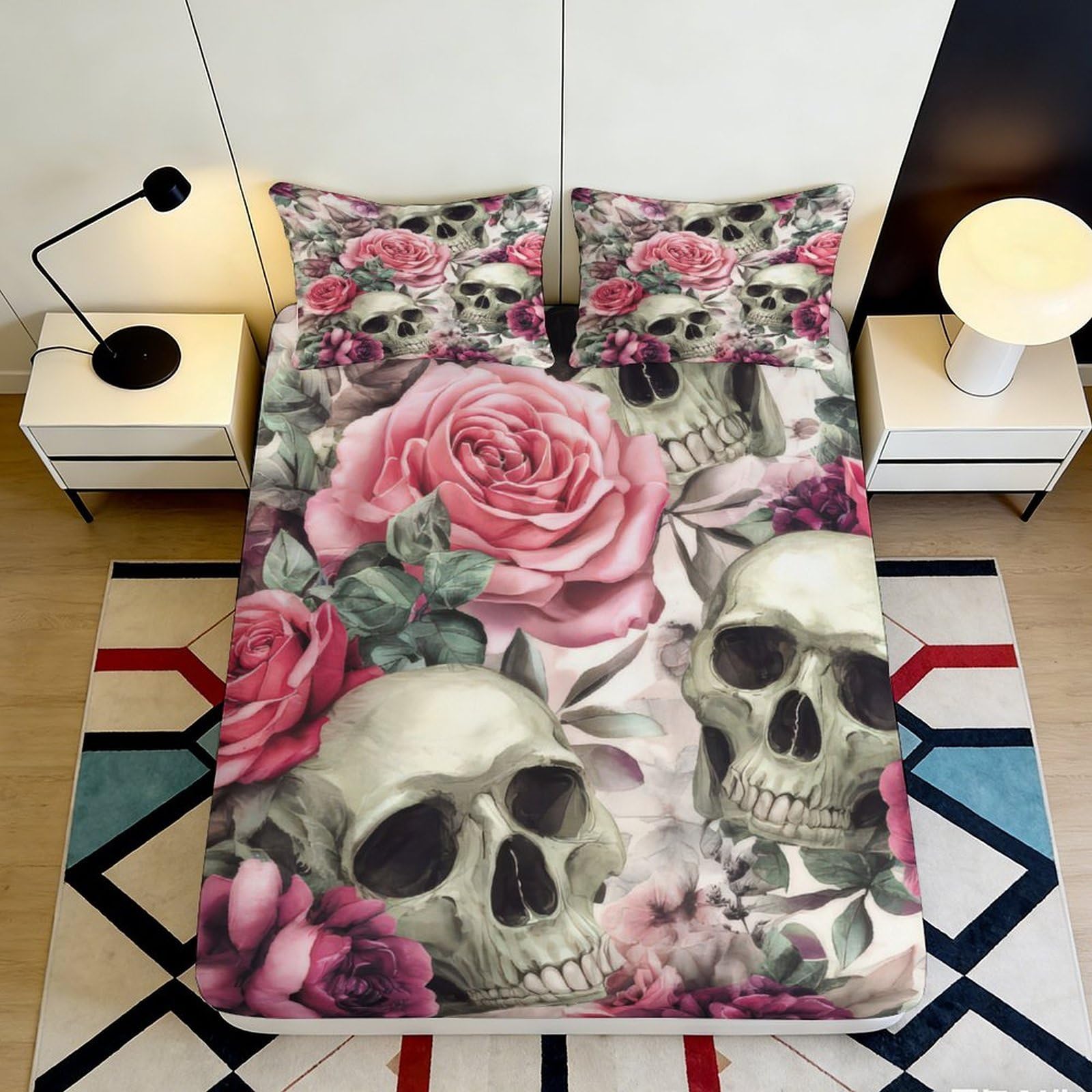 Kzqjxnhpcr Style-5 3D Printed Skull Rose Fitted Sheet Microfiber Deep Pocket Non-Slip Bedroom Bedding Skull Rose Mattress Fitted Cover Washable 90X200x25cm 90X200x25cm
