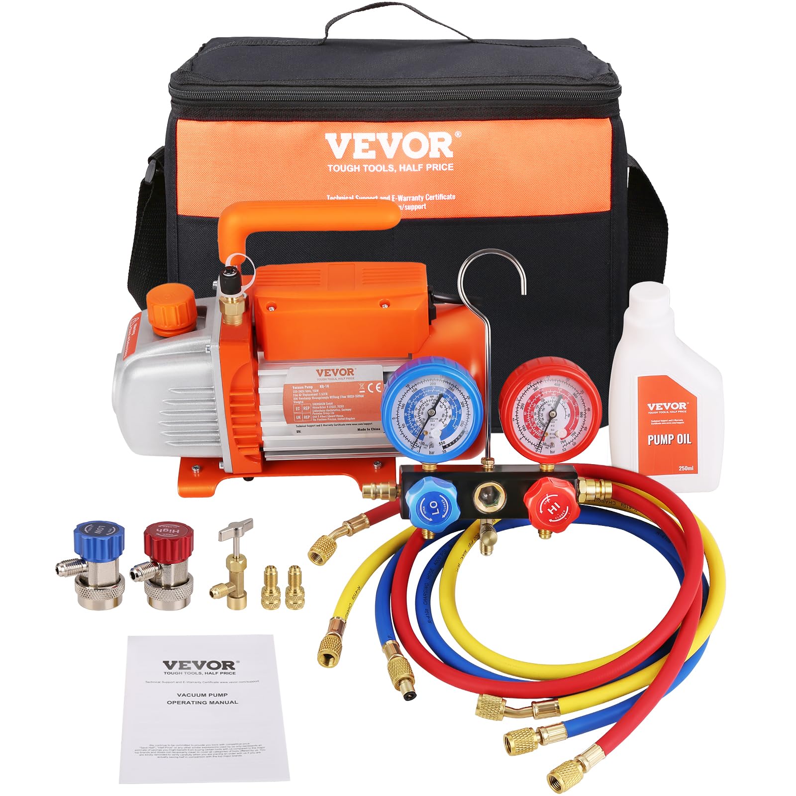 VEVOR Kit Pompa a Vuoto Monostadio per Aria Condizionata di Automobili 150W Pressione tra 55-276 bar, Kit Pompa Vuoto 100 L/min per Riparazione di Condizionatore Frigo Refrigeranti HVAC R134a R410a