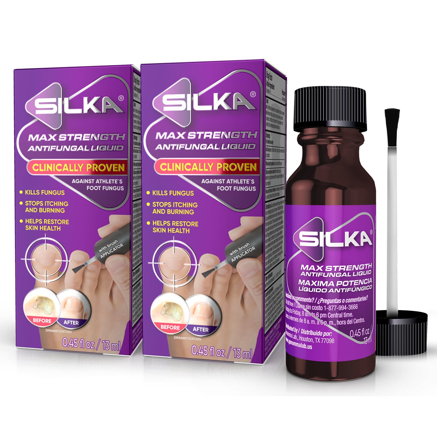 SILKA Max Strength Antifungal Liquid for Toenail Health, With Brush Applicator, Treats Fungus, Ringworm & Athlete’s Foot, Restores Appearance of Discolored Nail, Tolnaftate 1%, 0.45 Fl Oz, Pack of 2