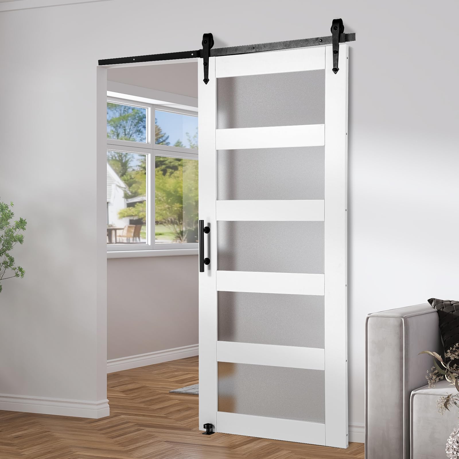 VEVOR Kit de Herrajes y Puerta de Granero Puerta Corrediza de Vidrio de 762 x 2134 mm Puerta de Granero con Guía de Piso 8 en 1, Manija de Puerta, Paneles de Madera de Abeto y Vidrio Esmerilado