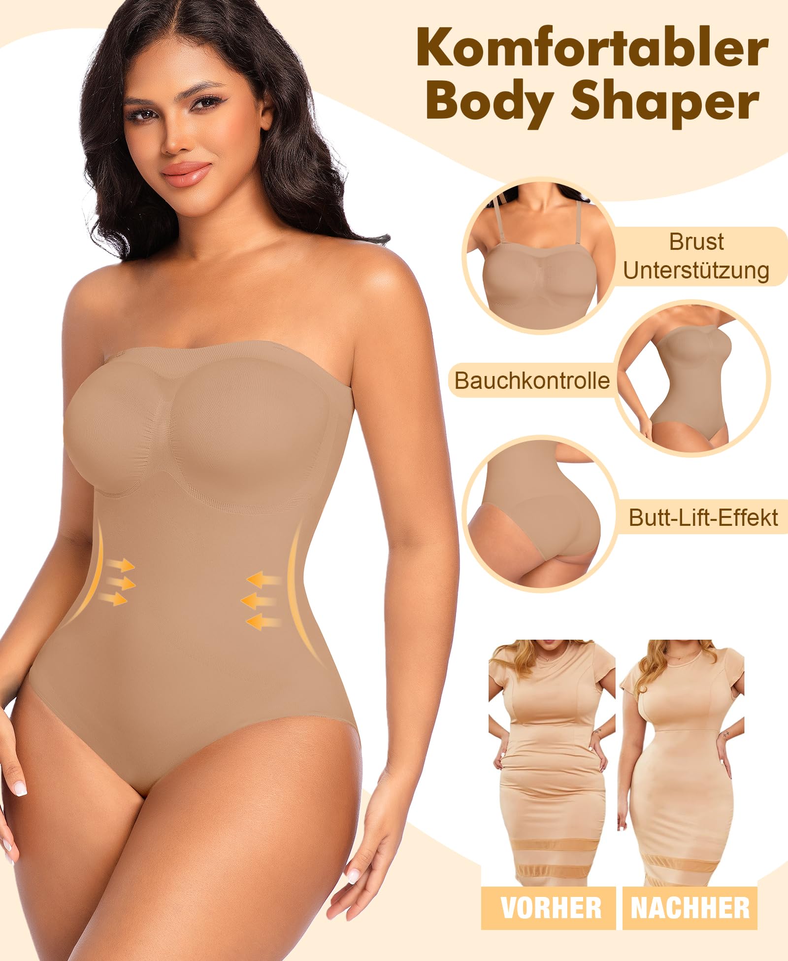 Werena Shapewear Damen Body Bauchweg Trägerlos – Nahtloser Miederbody Stark Formend, Figurformender Body Shaper Slip, Shaping Bodysuit mit 2 Paar Abnehmbaren Trägern