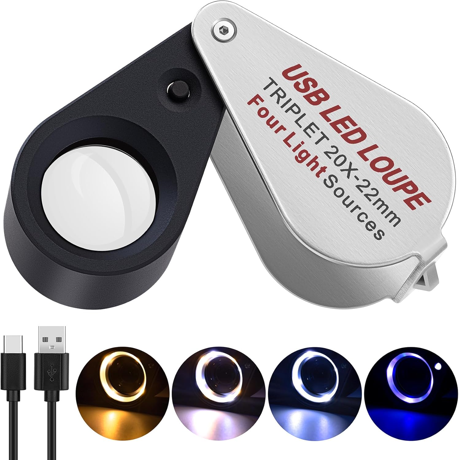 COYLAPY 20X Jewelers Loupe, Pocket Magnifier with Led/UV Light, Rechargeable Magnifying Glass Folding Jewelers Eye Loop for Jewelry, Gemstone, Diamond, Coin, Stamp, Antique Identifying
