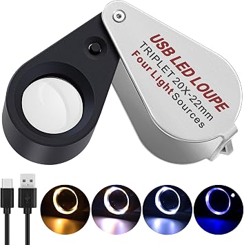 COYLAPY 20X Jewelers Loupe, Pocket Magnifier with Led/UV Light, Rechargeable Magnifying Glass Folding Jewelers Eye Loop for Jewelry, Gemstone, Diamond, Coin, Stamp, Antique Identifying