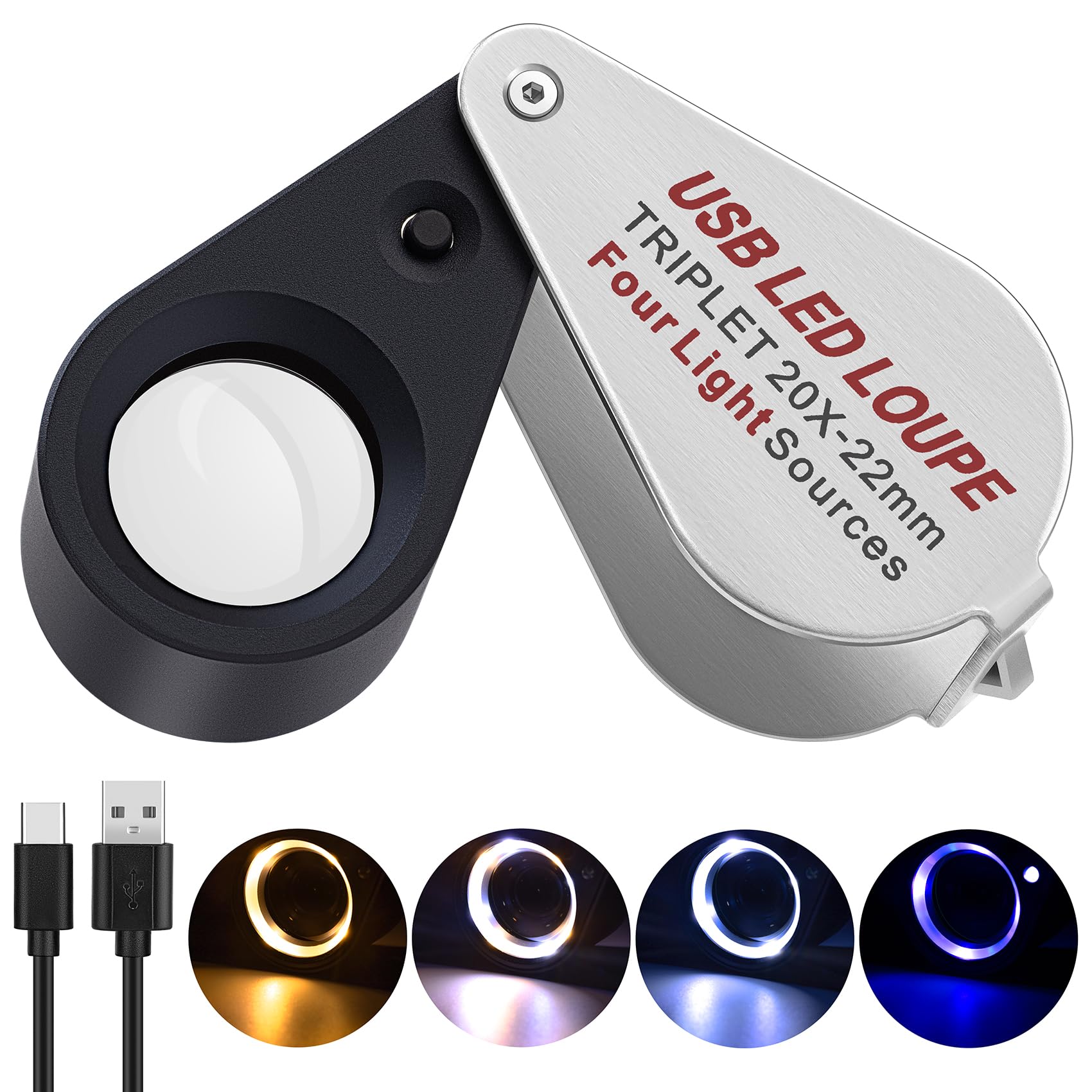 COYLAPY Lot de 20 loupes de bijoutier rechargeables avec lumière LED et UV, 4 modes réglables, lentille en verre triplet de 21 mm pour bijoux, diamant, pièce de monnaie, inspection antique