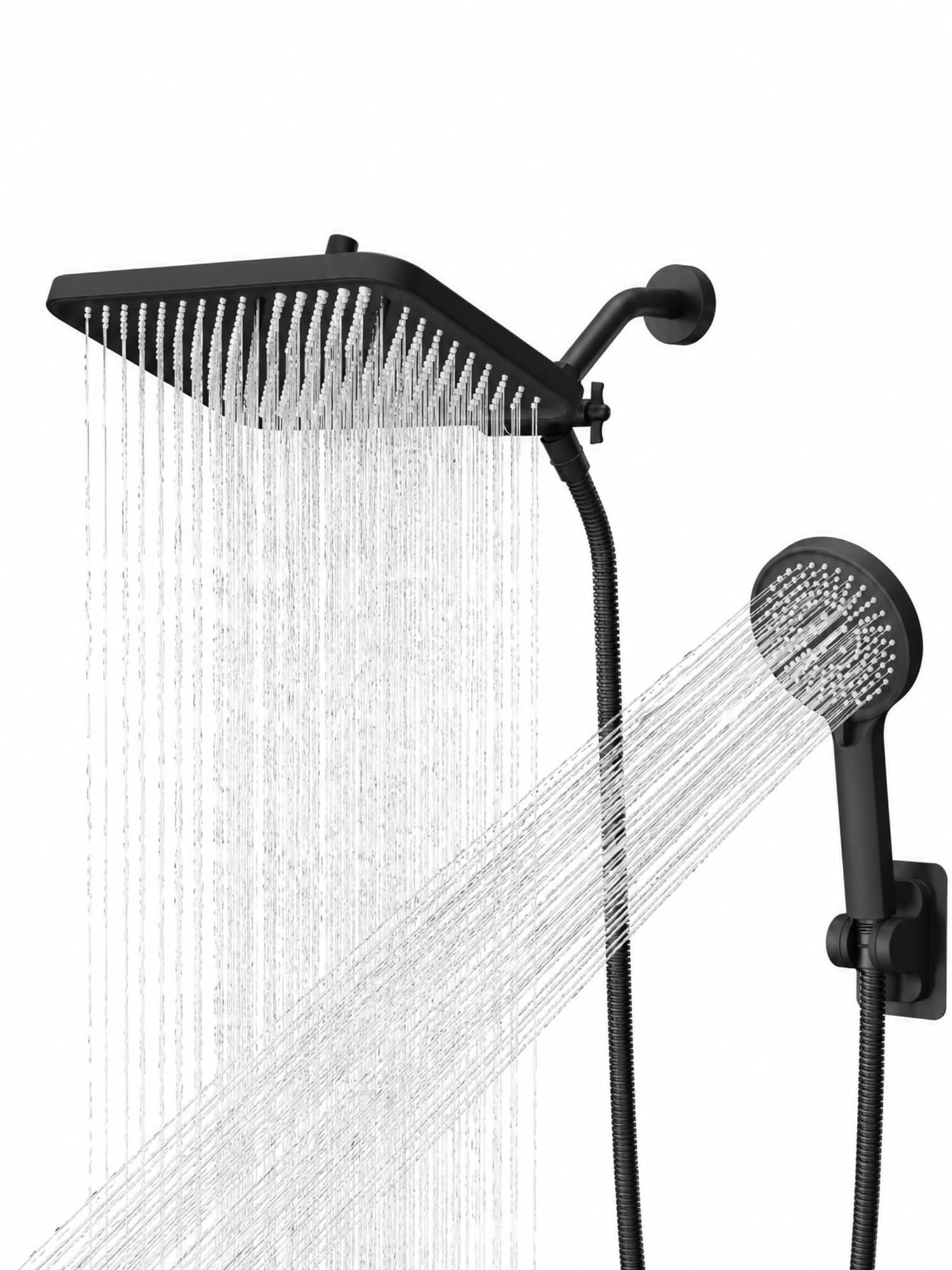 Cabezal de ducha, 8 pulgadas de alta presión de lluvia/ducha de mano con brazo de extensión, cabezal de ducha antifugas con soporte, altura/ángulo ajustable, negro mate