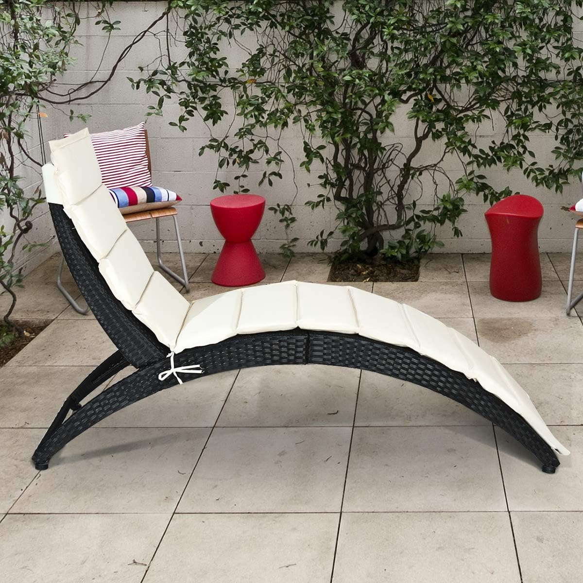 HAPPYGRILL Modern White Rattan & Steel Foldable Patio Lounge Chair - Outdoor Wicker Chaise Lounger with Cushion - Patio Furniture Set for Backyard, Patio, Garden, Lawn, Balcony, Beach, Pool, Porch