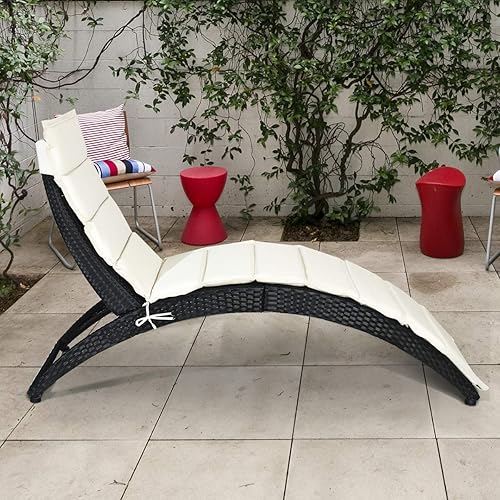 Miniatura 4 de HAPPYGRILL Silla plegable de ratán para patio, tumbona de mimbre para exteriores, con cojín, juego de muebles de patio para patio trasero, jardín,