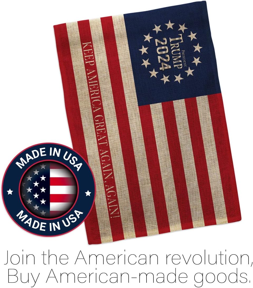 Trump Flag Keep America Again 2024 Burlap House Flag-Pack Patriotic Vote President Democrat Republican Tea Party United State American Election Vintage Applique Garden Yard Gift, Made in USA