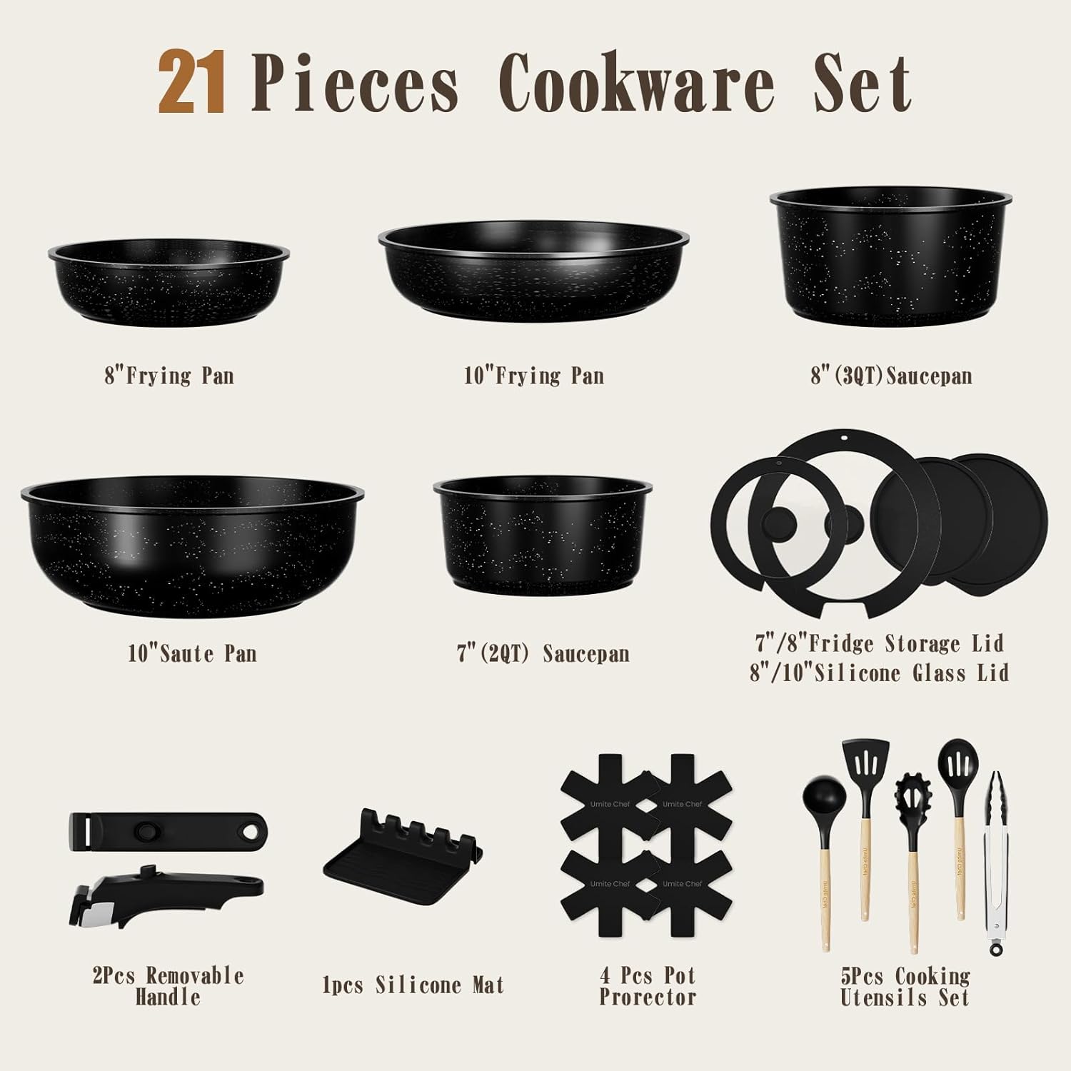 Umite Chef 21Pcs Pots and Pans Set Non Stick, Nonstick Cookware Sets Detachable Handle, Non Toxic Induction RV Kitchen Cooking Set, Dishwasher/Oven Safe, Fridge Safe, Space Saving(Black)