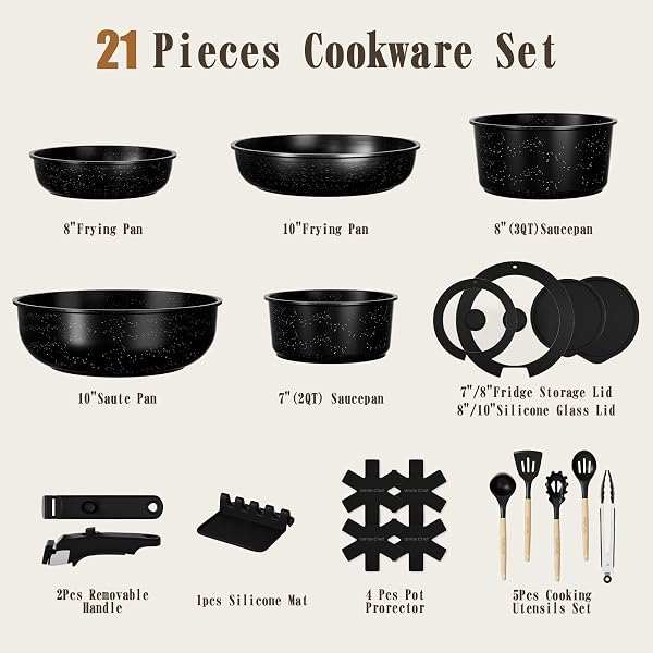 Umite Chef 21Pcs Pots and Pans Set Non Stick, Nonstick Cookware Sets Detachable Handle, Non Toxic Induction RV Kitchen Cooking Set, Dishwasher/Oven Safe, Fridge Safe, Space Saving(Black) - 2