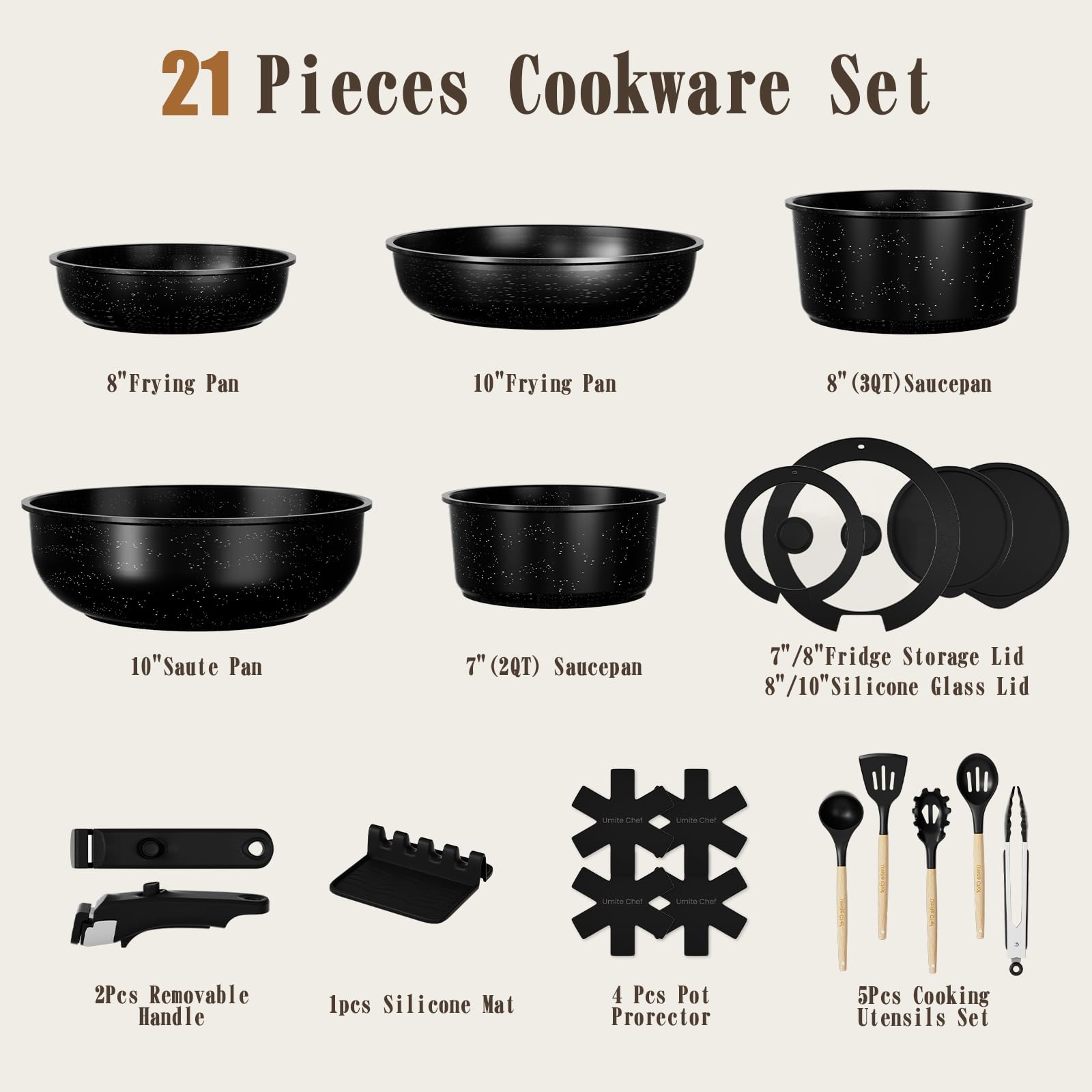 Umite Chef Umite Chef 21Pcs Pots and Pans Set Non Stick, Nonstick Cookware Sets Detachable Handle, Non Toxic Induction RV Kitchen Cooking Set, Dishwasher/Oven Safe, Fridge Safe, Space Saving(Black) in use