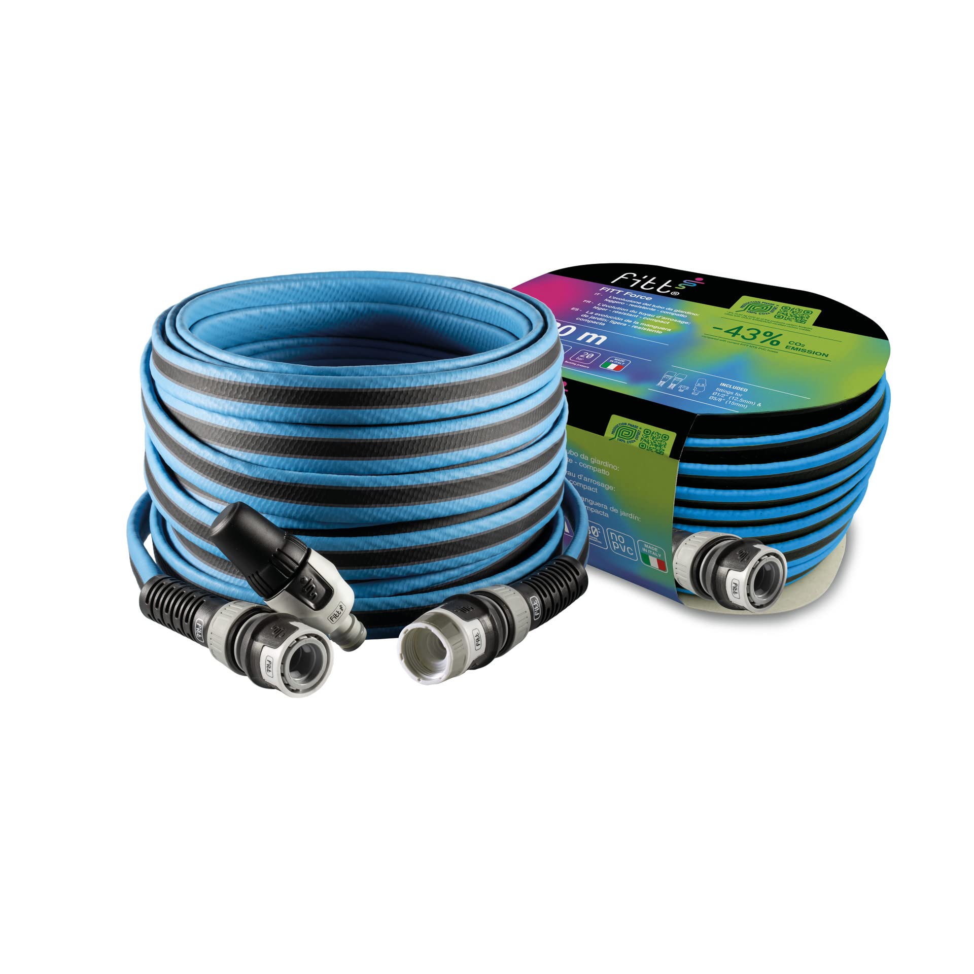 FITT FORCE 30 m, Tuyau d'arrosage pour Jardin, Léger, Résistant et Compact, pour Usage intensif, avec Lance, couleur Bleu, -43% CO2e