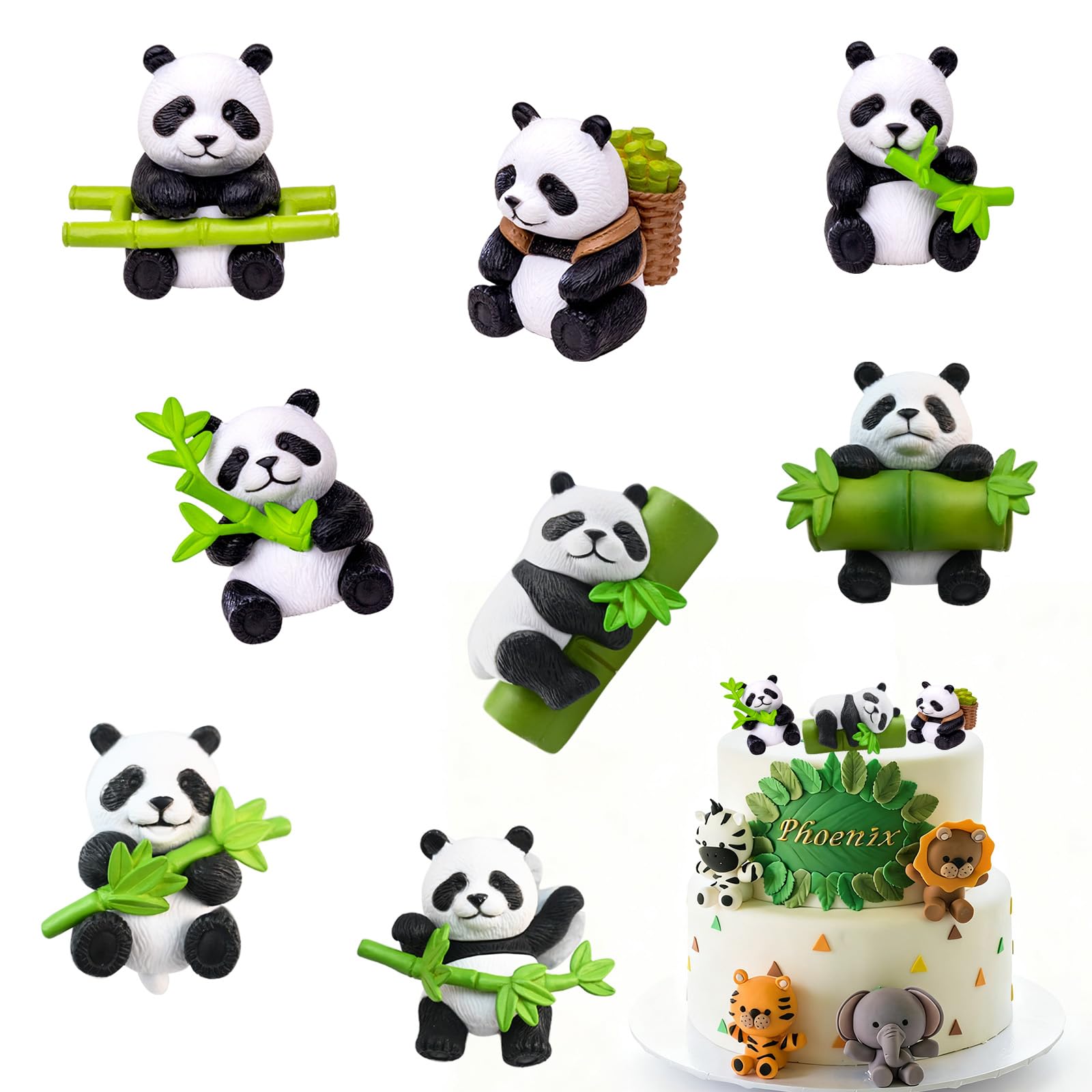 8 Pcs Mini Panda Figurine, Cute Resin Panda Statue, Pandas Cake Topper Decor, DIY Miniature Landscape, Little Bears with Bamboo, Birthday Party Cake