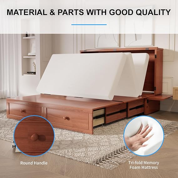 PUREMIND 2-in-1 Multi-Functional Queen Murphy Bed with Mattress, Murphy Bed Cabinet Built-in Charging Station & Storage Drawer & Bedside Panel, Space-Saving Foldable Hideaway Beds for Guest Room