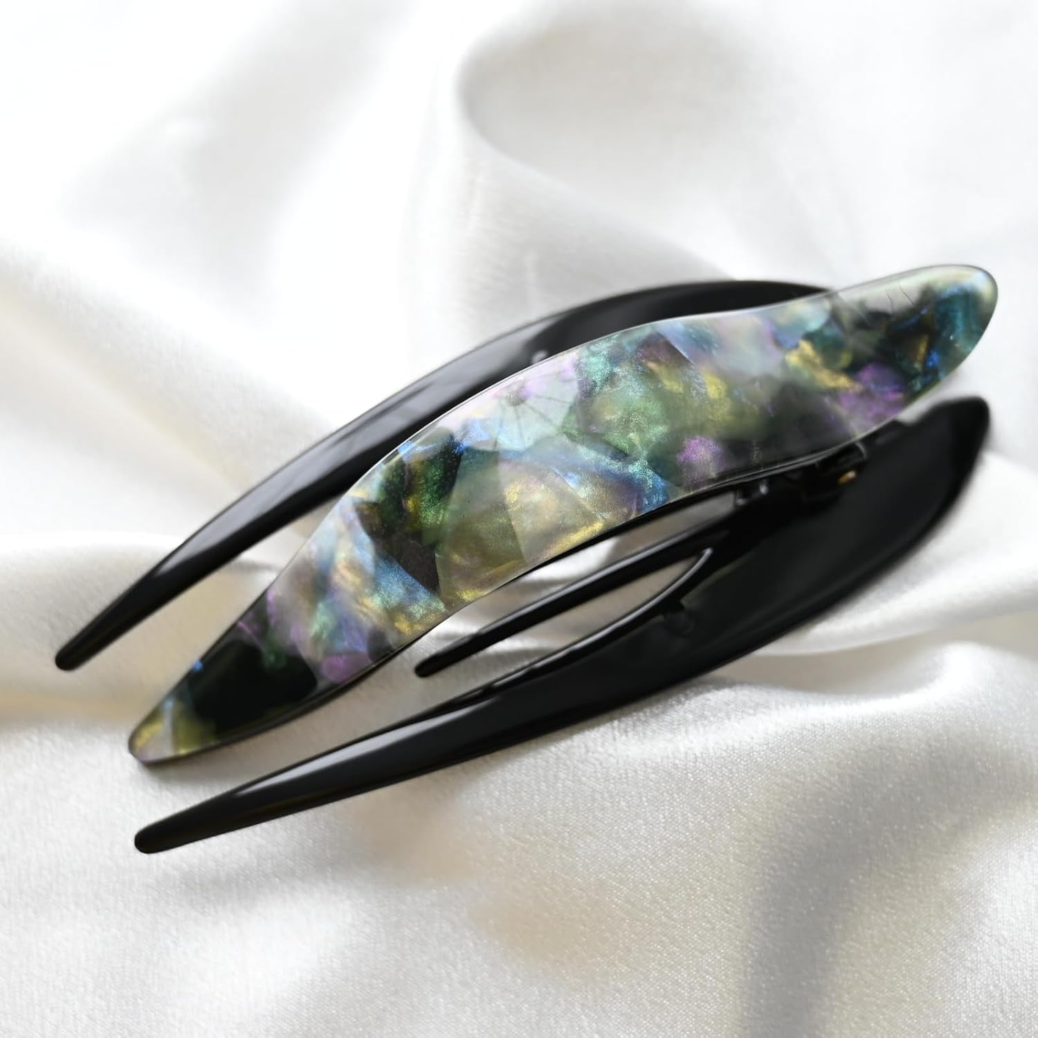 Handmade Celluloid French Design Tortoise Shell Barrettes Side-slide Opening Duck Luxury Fashion Accessories Hair Clip Claw for Women (Aurora green) image 4