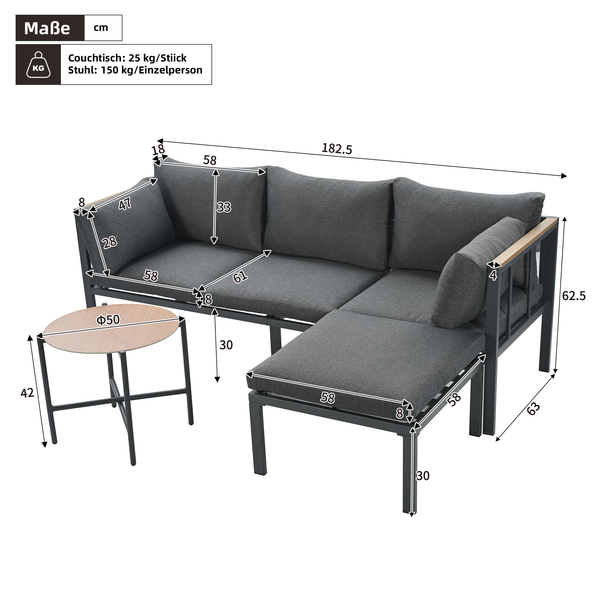 Conjunto Jardin Exterior 3 Piezas Muebles Jardin Exterior con Sofá de 3 Plazas, Banco y Mesa, Mesa y Sillas Terraza con Cómodos Cojines, Mesa y Sillas Terraza Exterior Muebles de Jardín, Gris