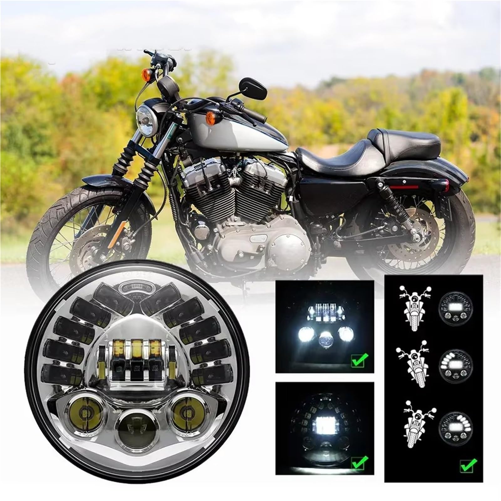 Fari Per Moto Per FLD Per Softail Per Nightster 883 Per Touring Faro Adattivo Da 7 Pollici Universale Faro Anteriore Moto(Adaptive Chrome)