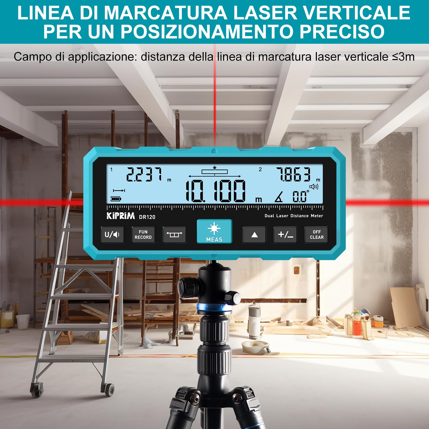 KIPRIM Telemetro Laser 120m, Doppio Raggio Bidirezionale, Linea Laser Verticale, Livella Elettronica, Ricaricabile USB-C, Unità M/FT/IN - DR120