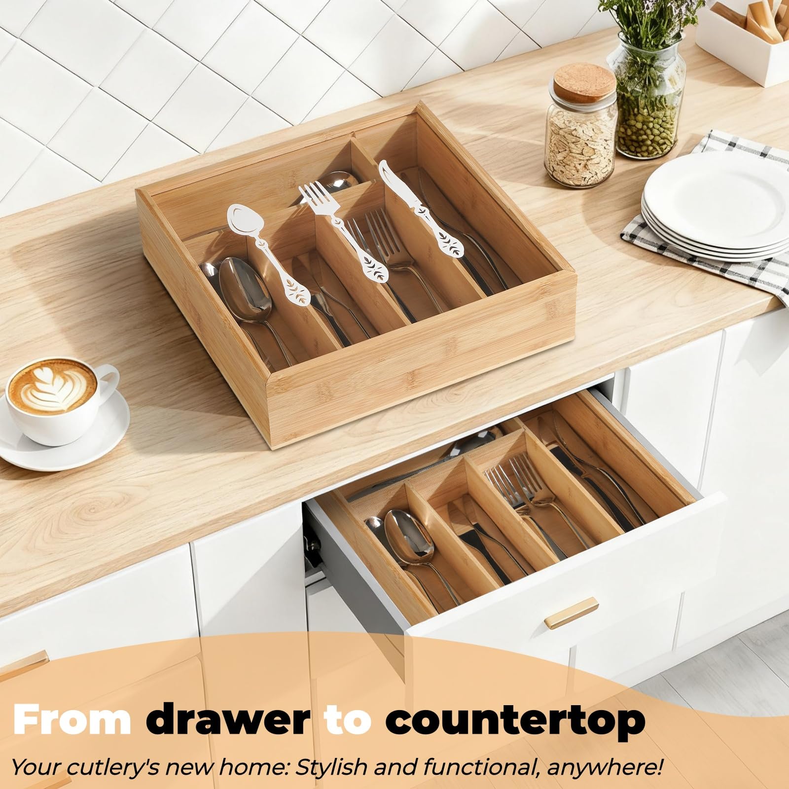Drewniany zestaw na sztućce z pokrywą, 5 przegród na sztućce, 30x30x8cm organizer na sztućce do stołu i szuflady, drewniany uchwyt na sztućce z dekoracyjnym wzorem