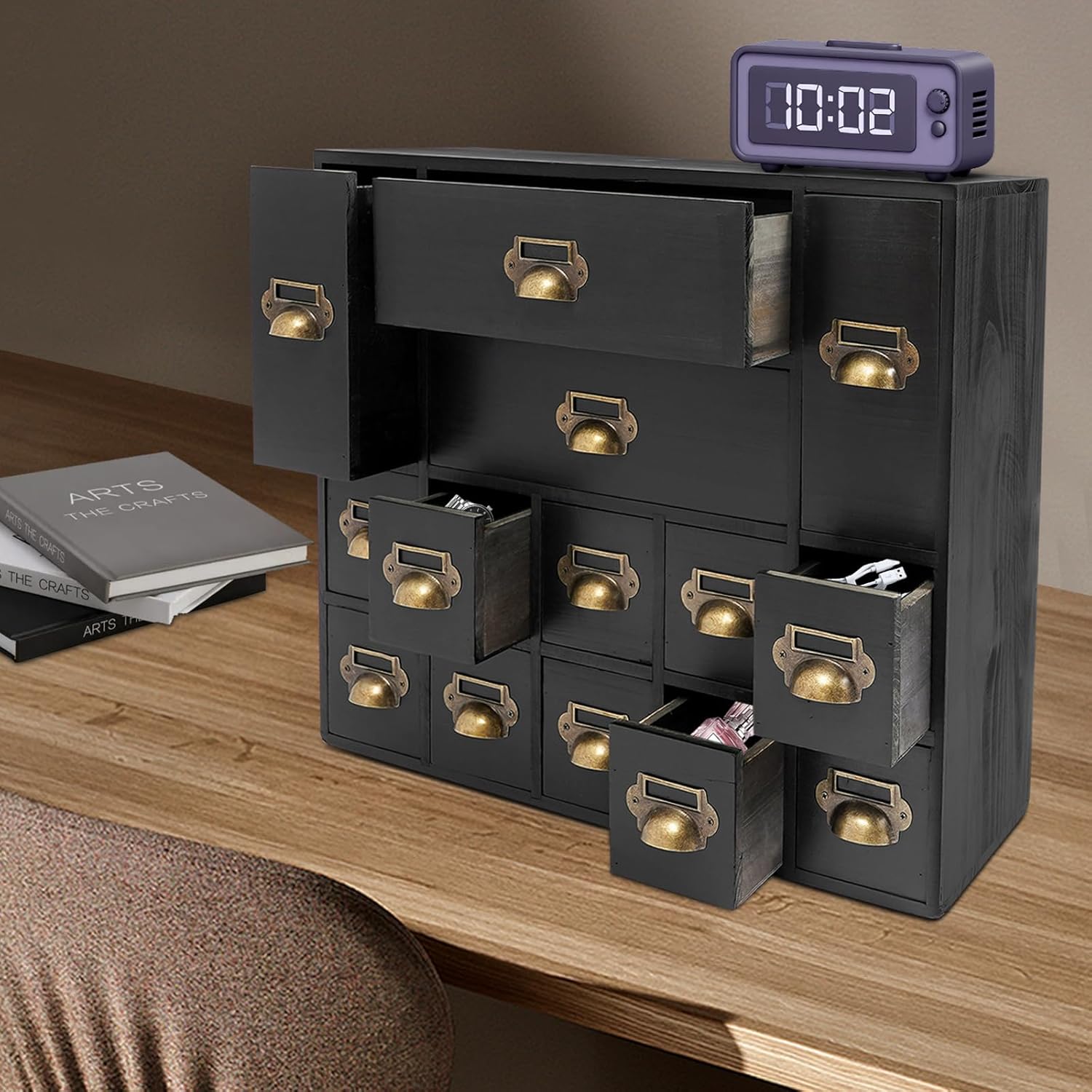 Apothecary Cabinet & Card Catalog Cabinet, 14-Drawer Wooden Storage Organizer with Metal Handles and Label Slots, Vintage Library Catalog Desk Drawer for Herb Storage Tea Collection