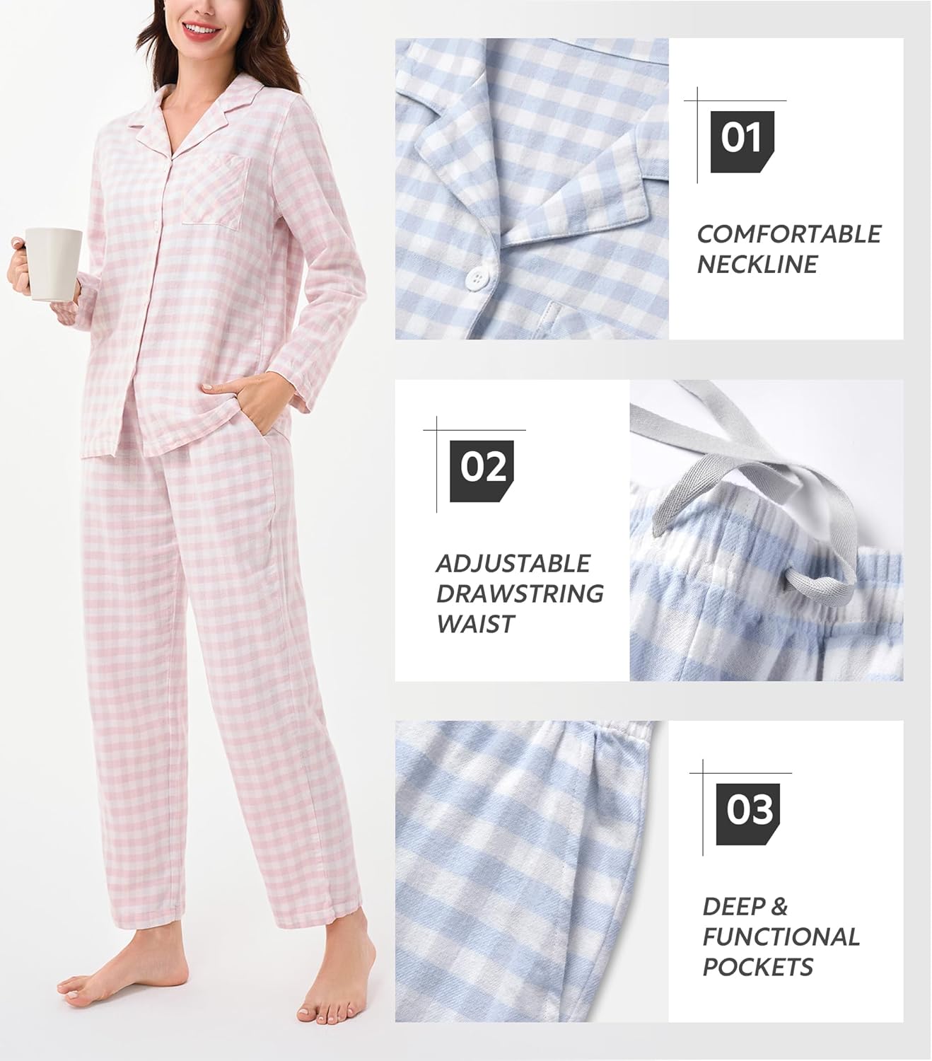 DAVID ARCHY 100% Cotton Pajamas for Women Soft 2 Piece Plaid PJS Sleepwear Loungewear Sets for Women Button Long Sleeve - Image 4
