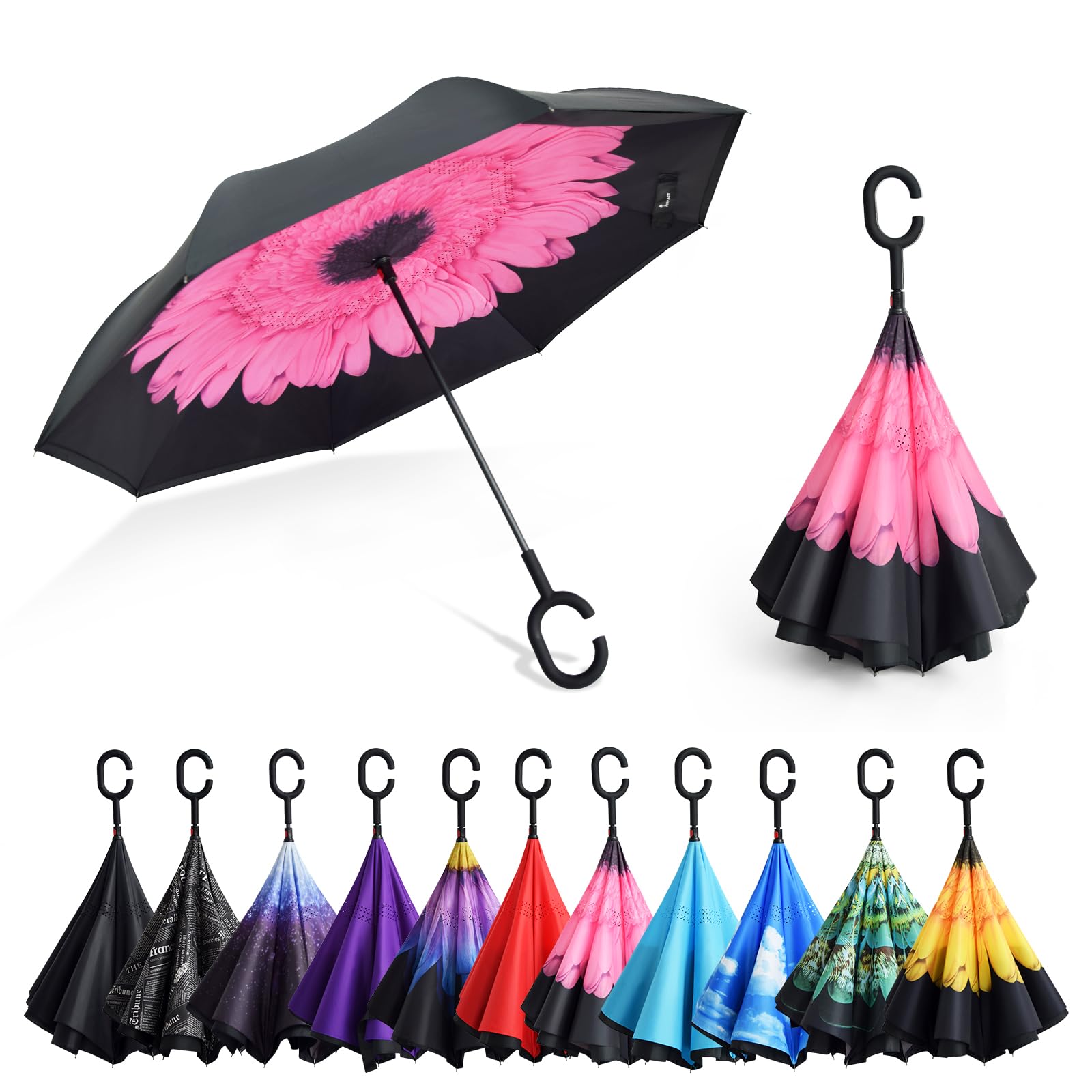 SY COMPACT Inverted Umbrella Windproof Double Layer Reverse Umbrellas with C-Shaped Handle Straight Umbrella for Car Rain-factory shop