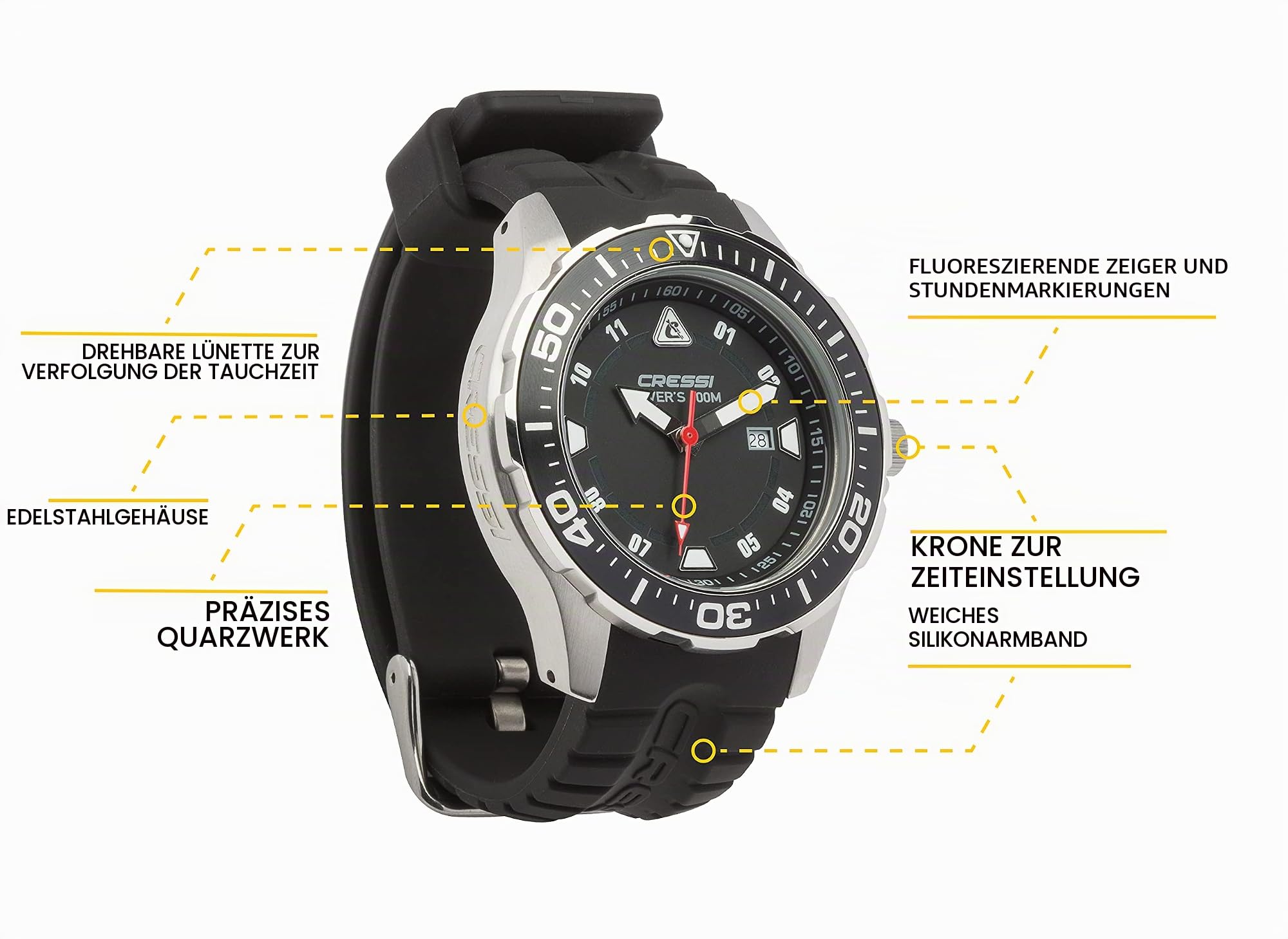 CRESSI Manta Taucheruhr für Herren und Damen, Edelstahlgehäuse, Kristallglas, Kautschukarmband, Einseitig drehbare Lünette, Quarzwerk, 10 ATM Wasserdicht