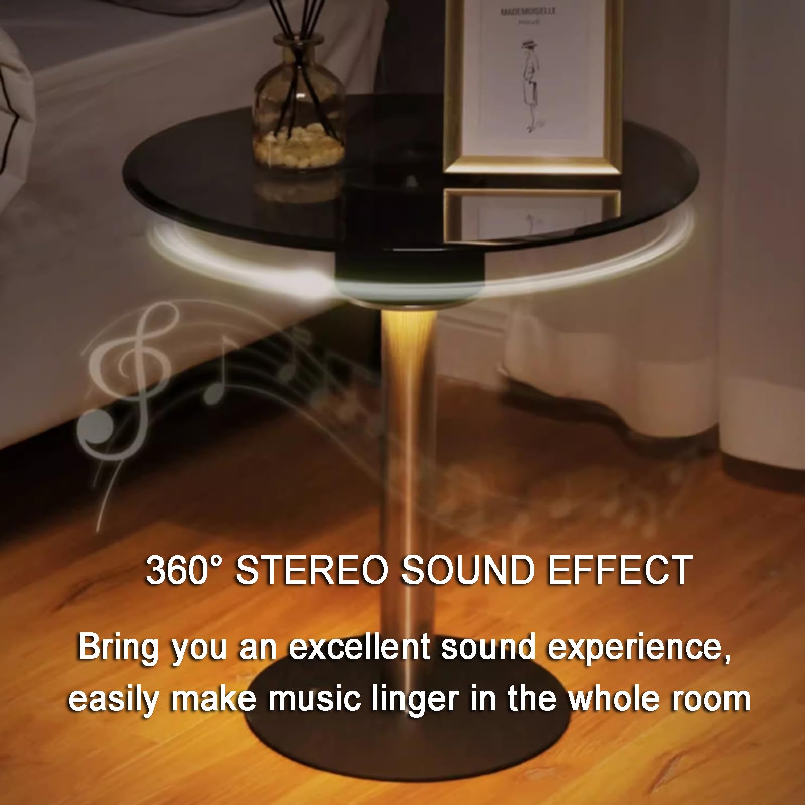 Mesa Auxiliar Inteligente con Altavoz Bluetooth HiFi, Mesa De Centro con Luz LED Ambiental, Mesa De Vidrio Templado, Conexión USB/USB, Mesa Auxiliar Redonda para Dormitorio, Sala De Estar