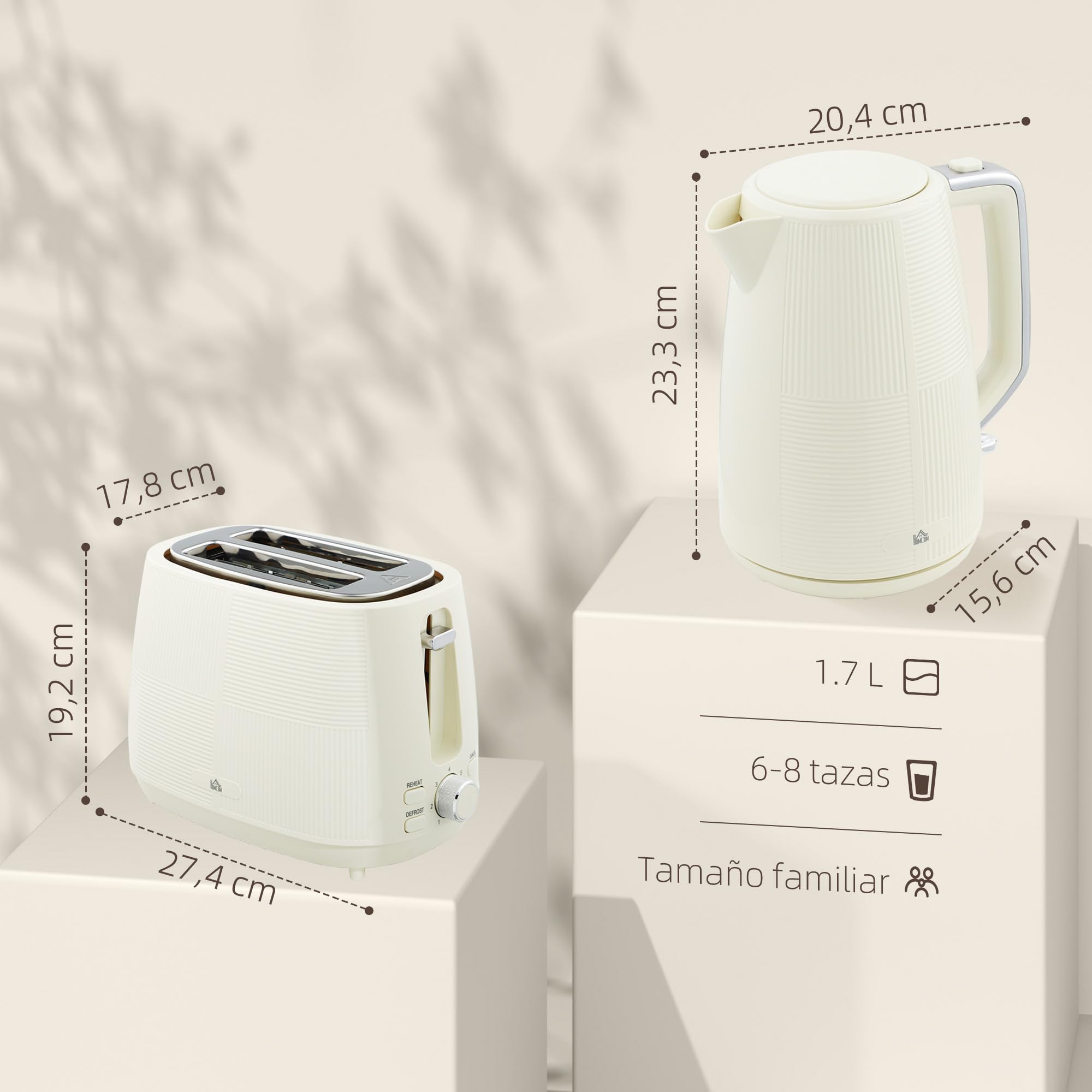 HOMCOM Juego de Tostador y Hervidor 2200W Hervidor de Agua Eléctrico de Acero Inoxidable 1,7L Tostadora Pan Ranura Ancha para 2 Rebanadas 3 Funciones Crema