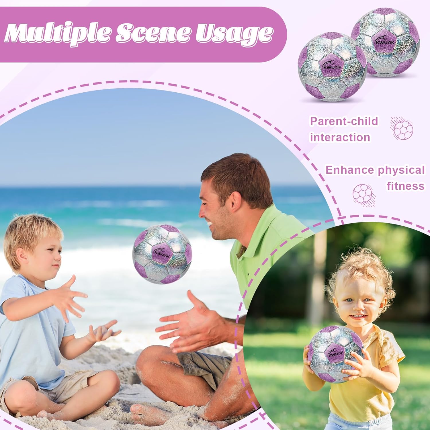 Soccer Ball Size 3 4 5 Glitter Pink Purple Black Silver with Pump Toddler Soccer Ball for Kids Aged 3-6 6-8 8-12 Outdoor Training Ball for Girls Boys Children Youth Teens - Image 6