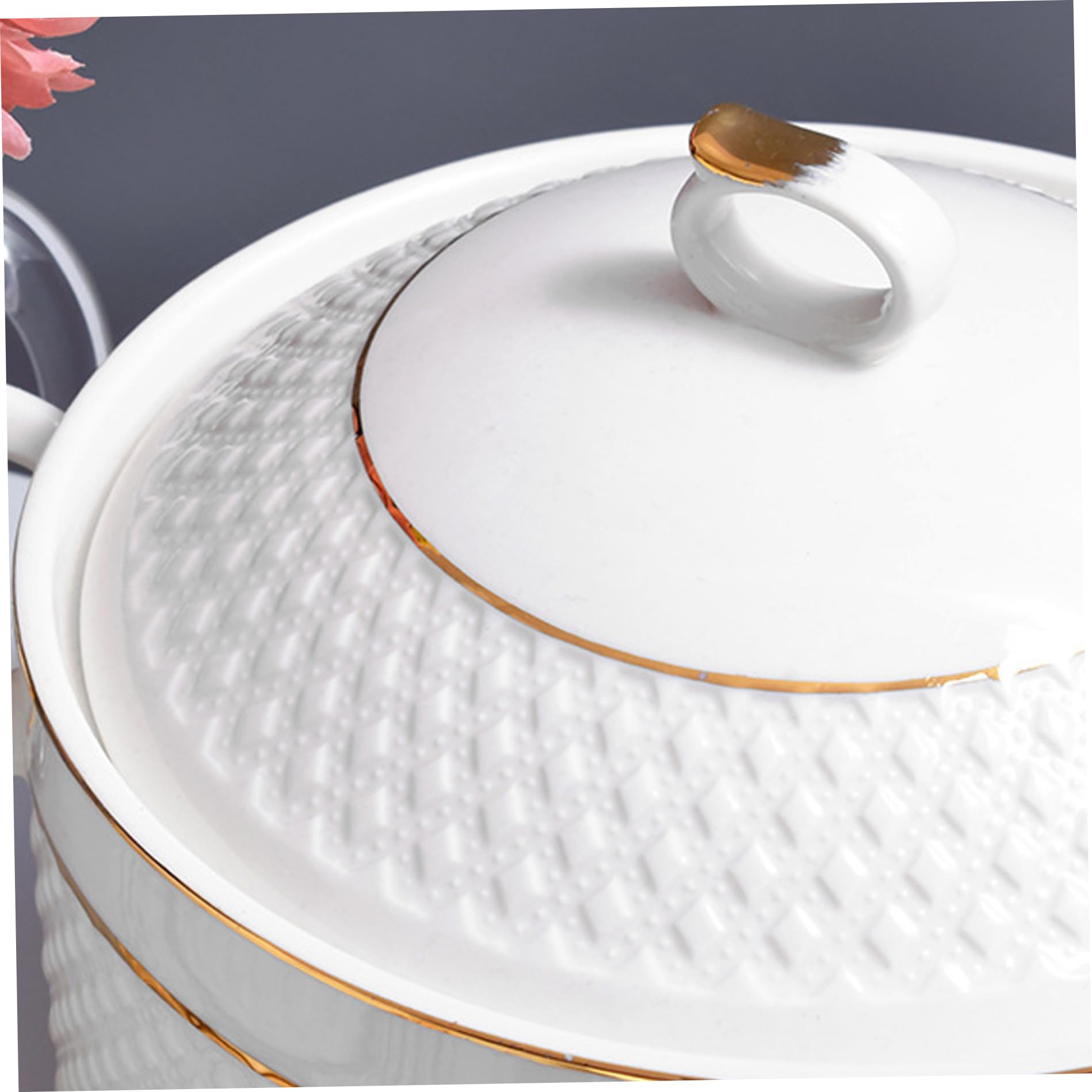 Zuppiera in ceramica bianca da 1, 5 l con bordo dorato, coperchio a doppio manico e mestolo per ciotole da portata per zuppa di pasta e punch