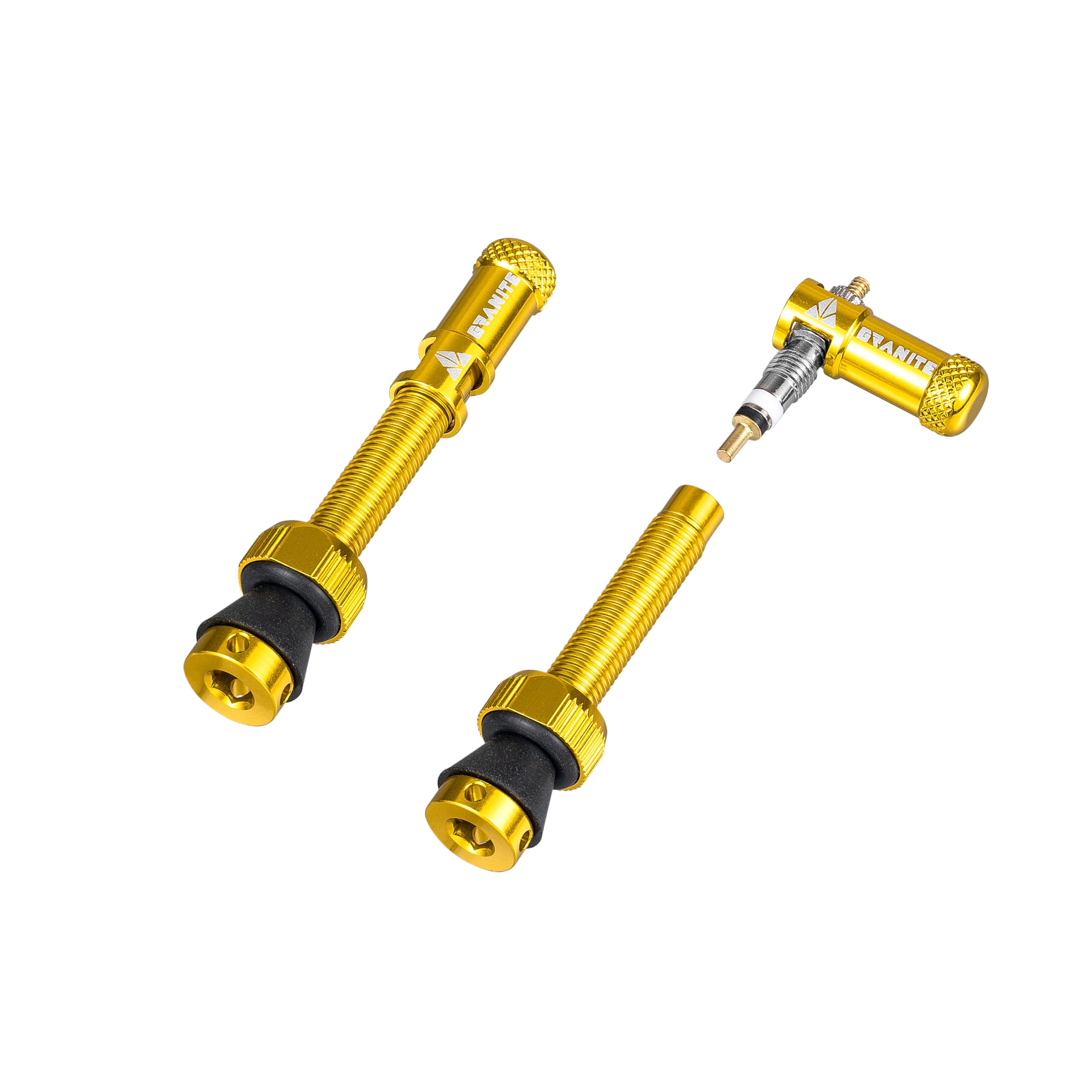 Granite Juicy Nipples Presta Valve Caps and 44mm Matching Stem (Gold)