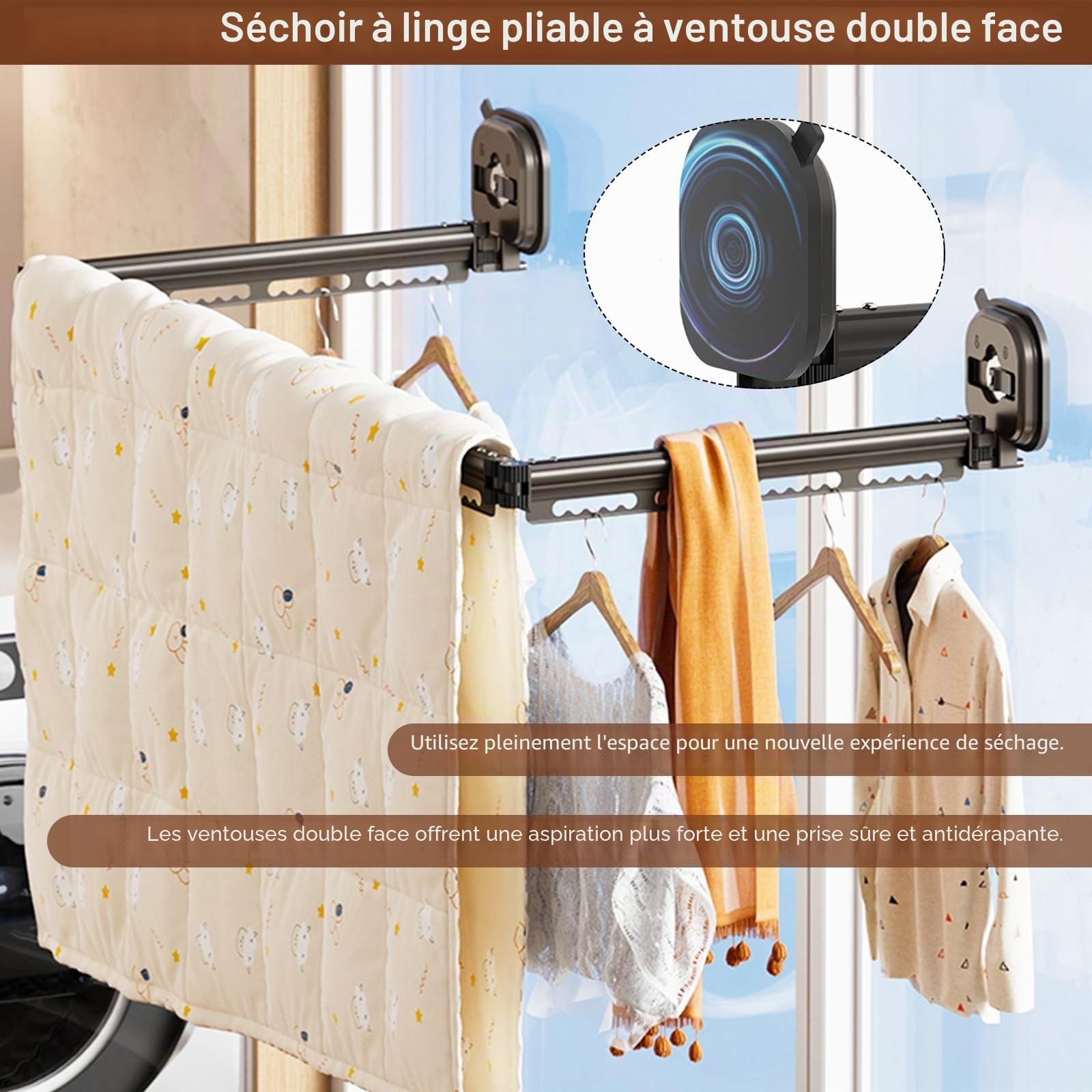 Étendoir À Linge Mural À Ventouses, Étendoir Pliable Avec Doubles Ventouses Pour Camping Car Et Caravane Porte Vêtements Sans Perçage Gain De Place Pour Salle De Bain Balcon Intérieur Extérieur