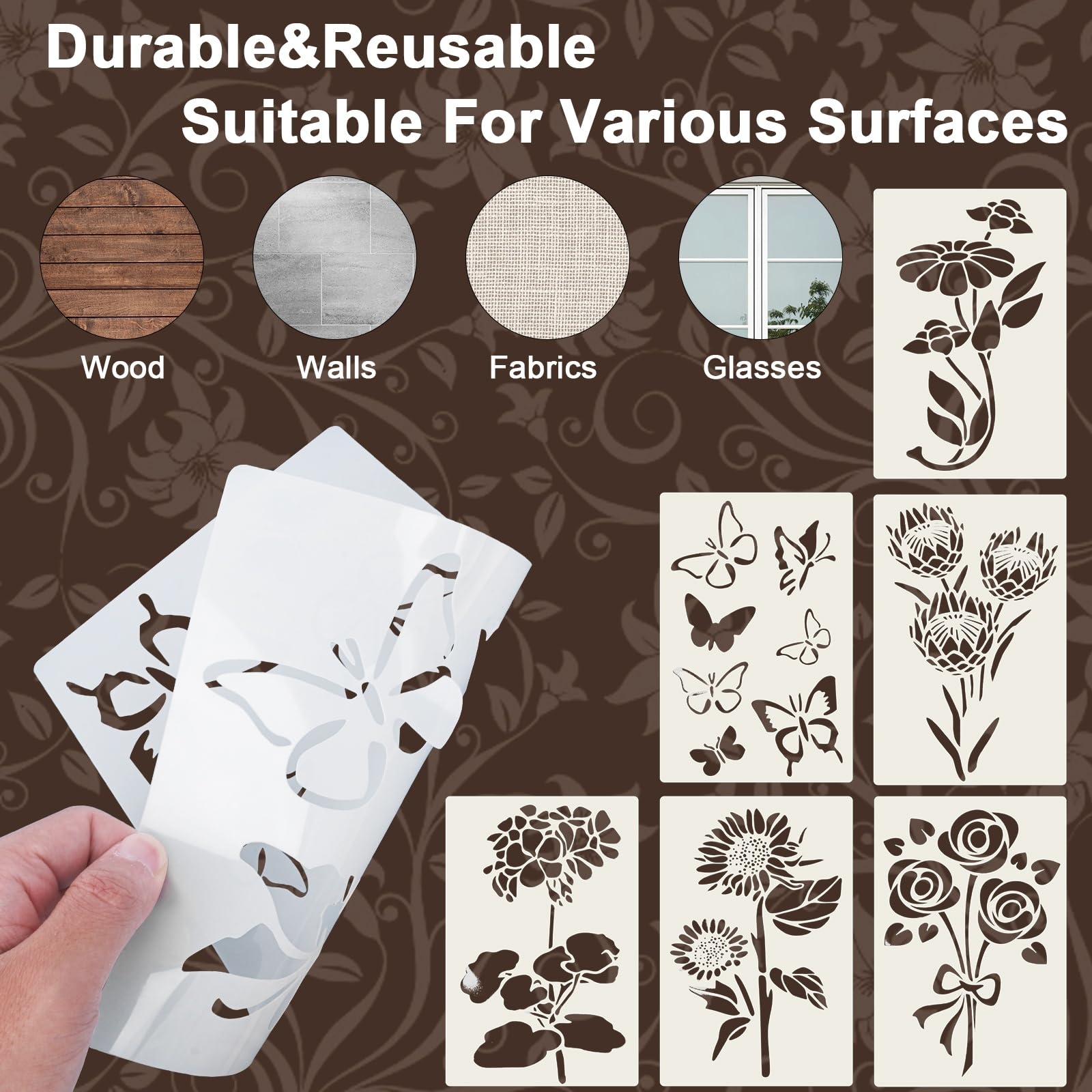 Lot de 11 pochoirs muraux réutilisables pour travaux manuels, grands modèles de motifs floraux pour projets artistiques de décoration d'intérieur