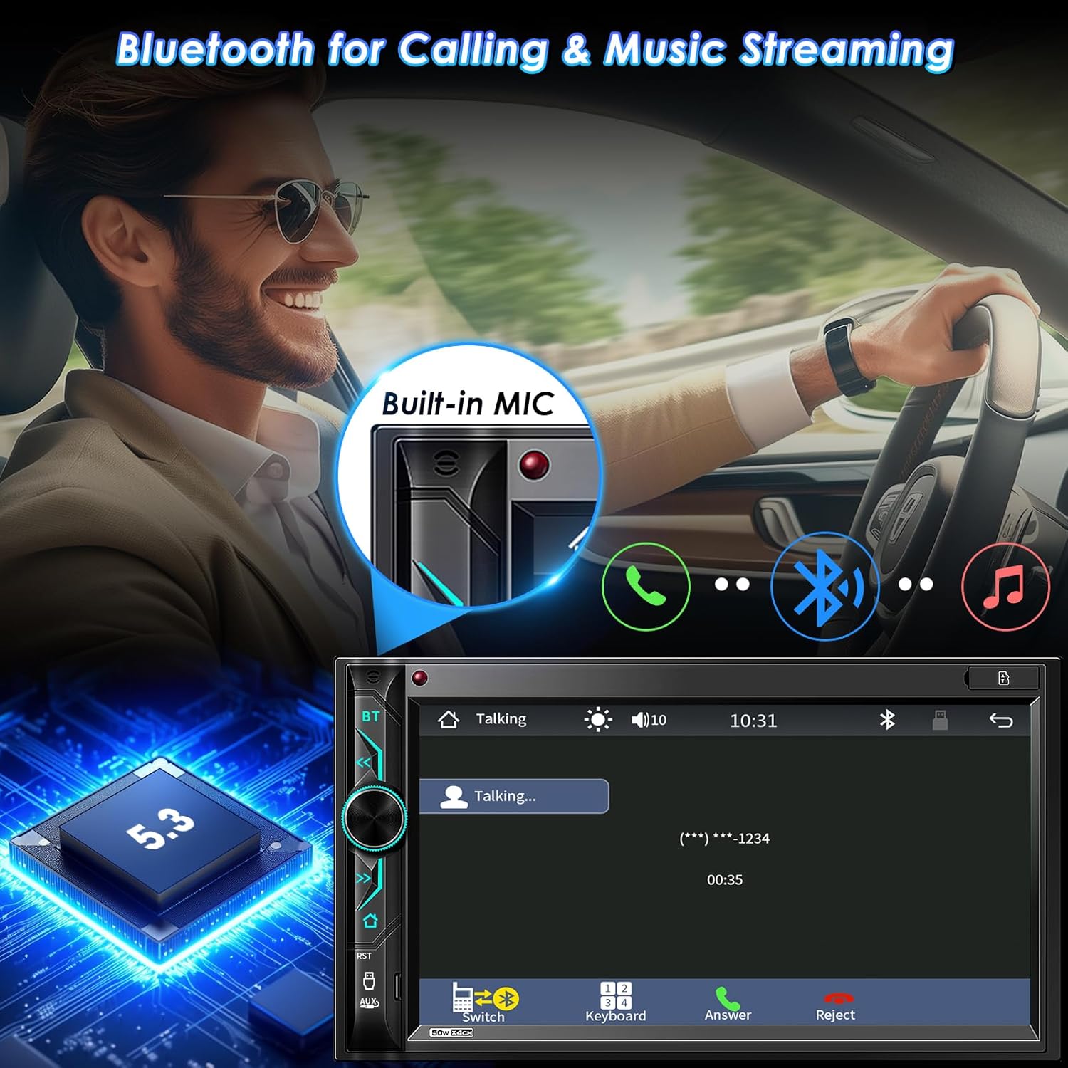 Image illustrating Bluetooth hands-free calling and music streaming.