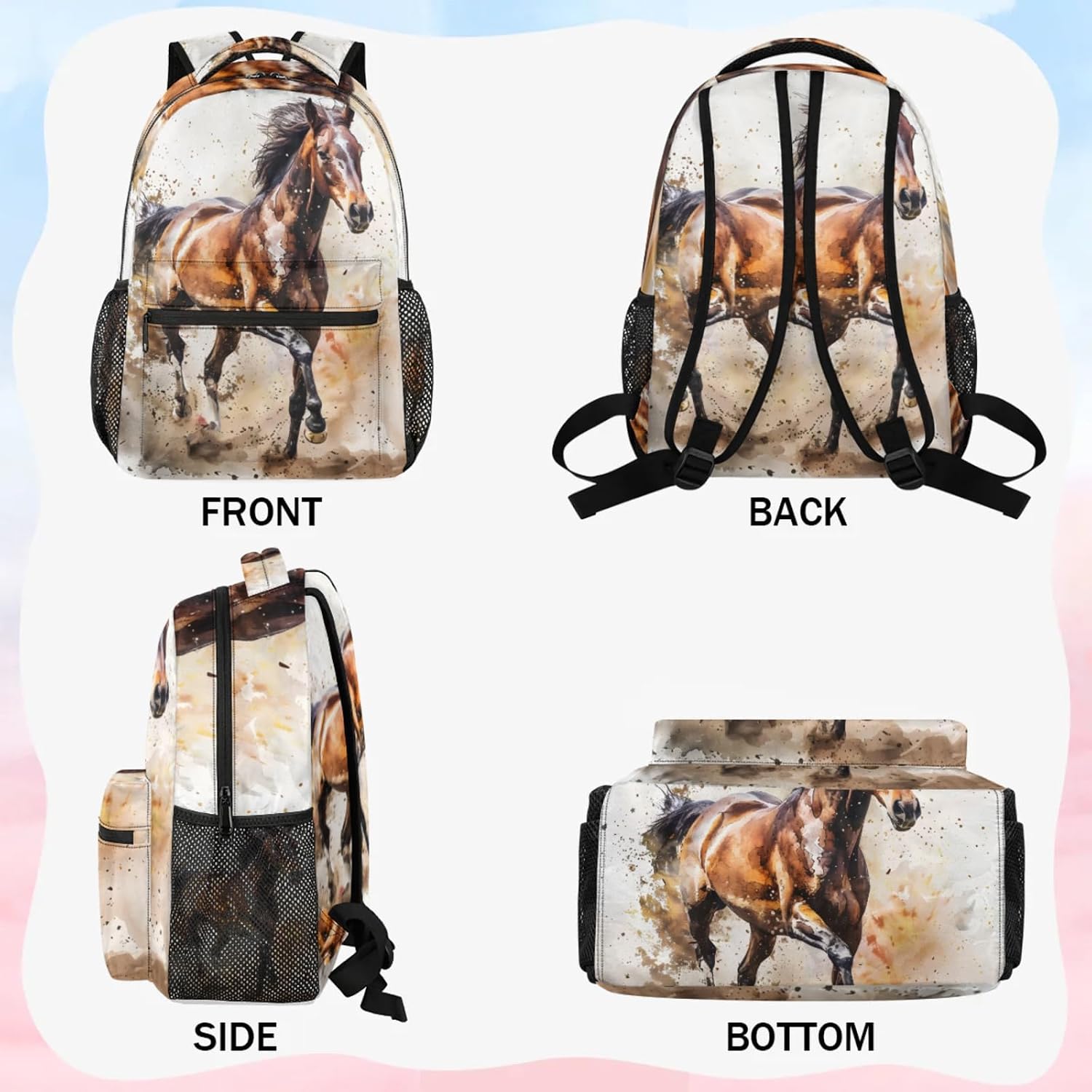 Watercolor Horse Pattern Backpack Set, Backpack with Lunch Box Gifts Set for Women Men, Multifunction 2Pcs Laptop Travel Picnic Camping Backpack with Lunch Bag